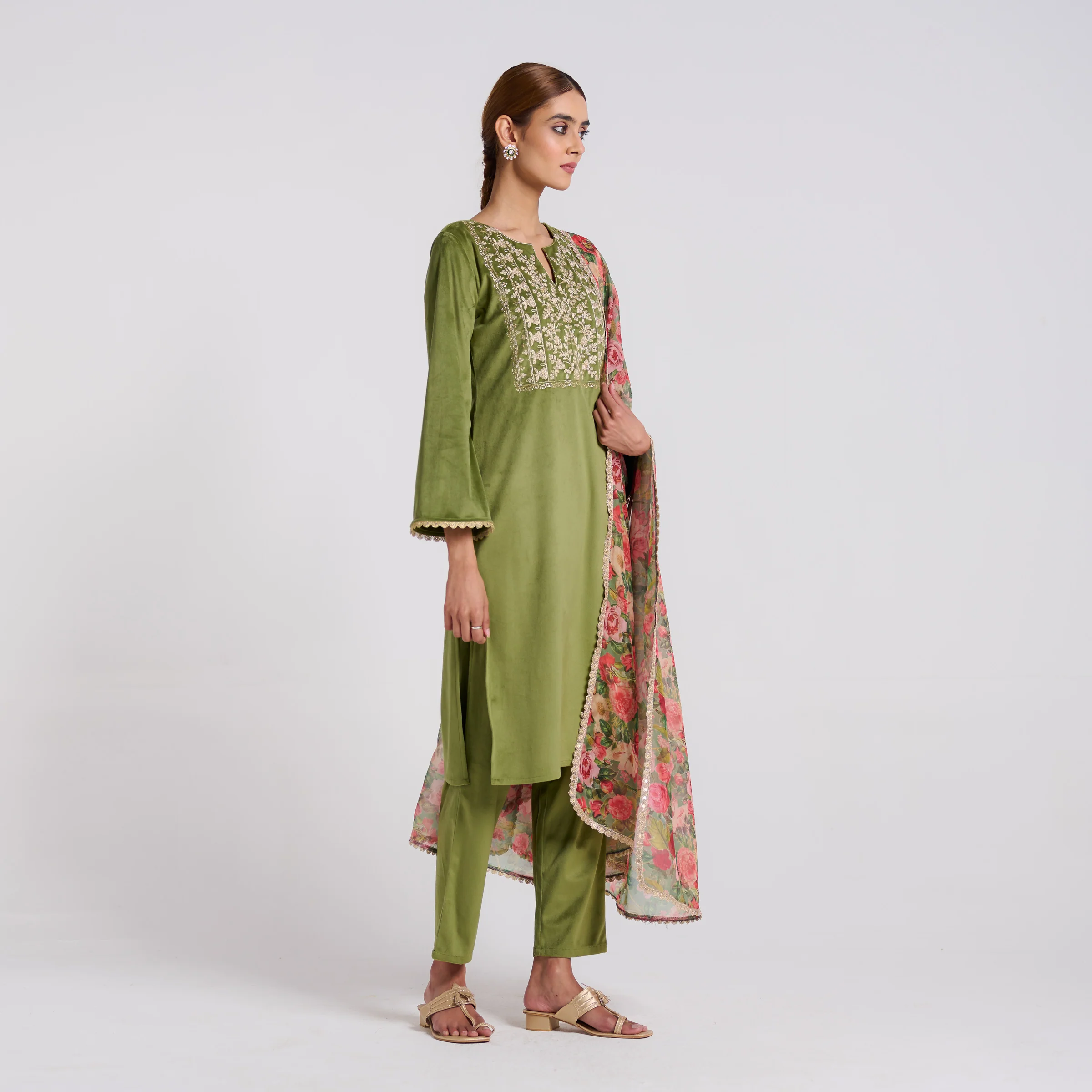 Olive Embroidered Phulwari Velvet Set with Dupatta - Image 4