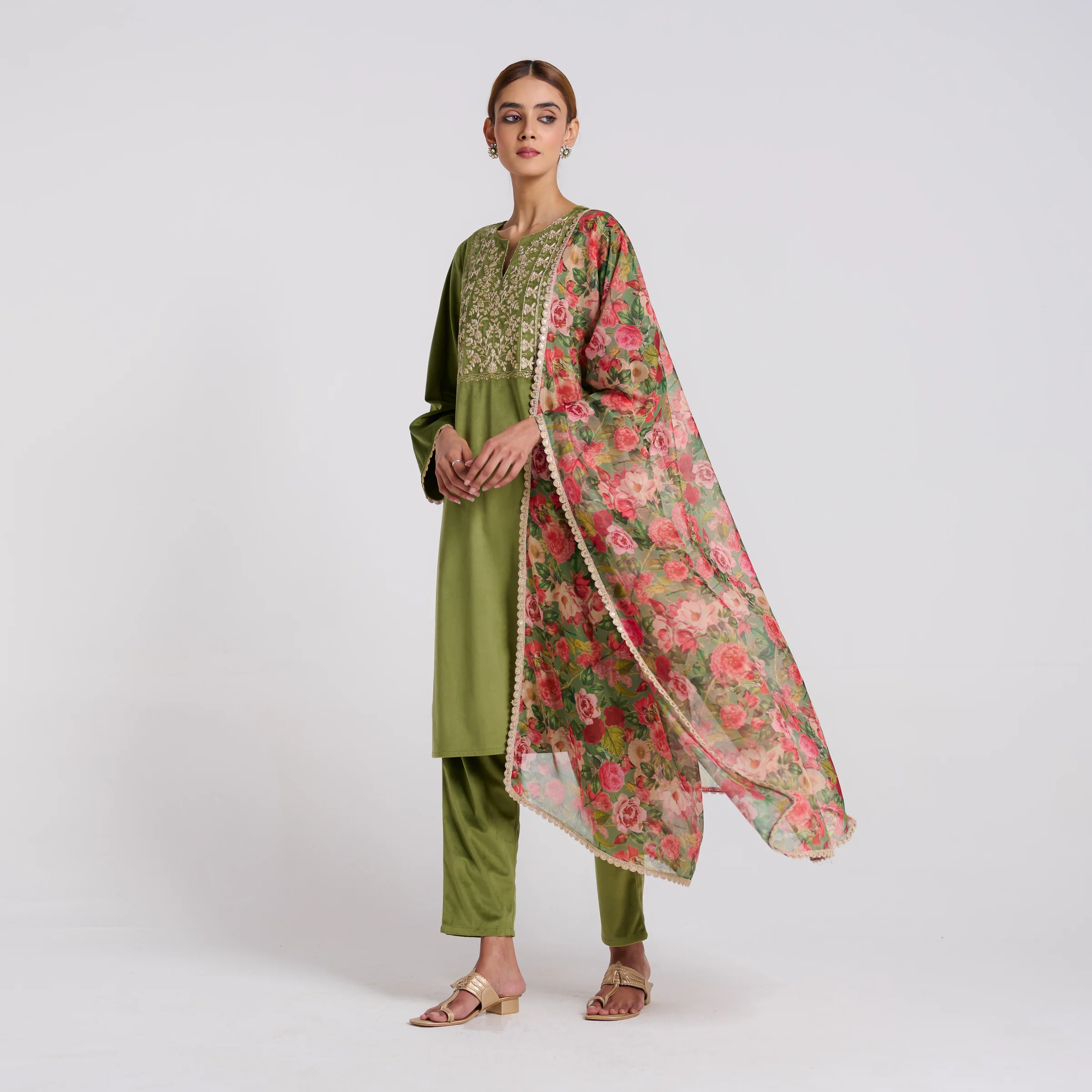 Olive Embroidered Phulwari Velvet Set with Dupatta - Image 5