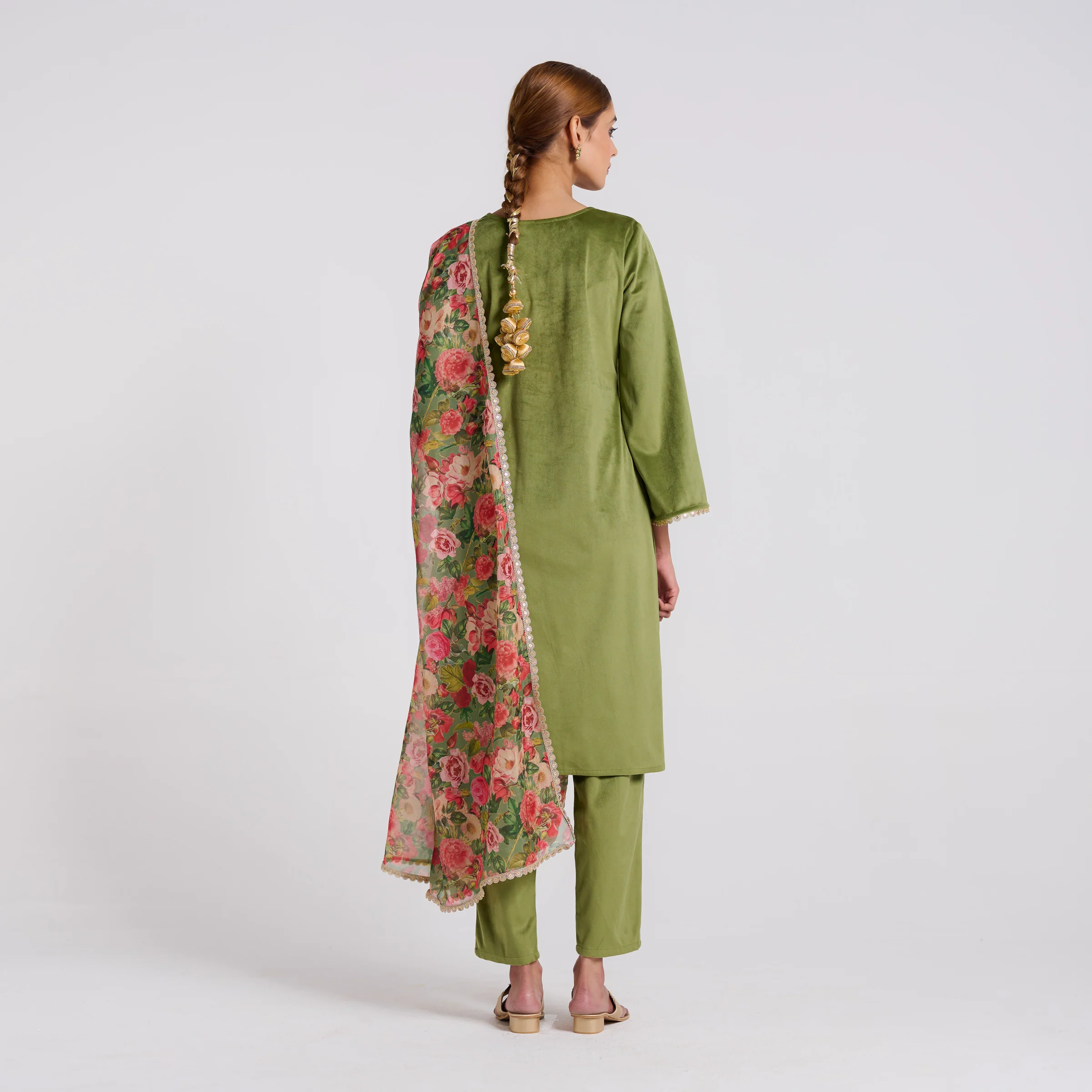Olive Embroidered Phulwari Velvet Set with Dupatta - Image 6