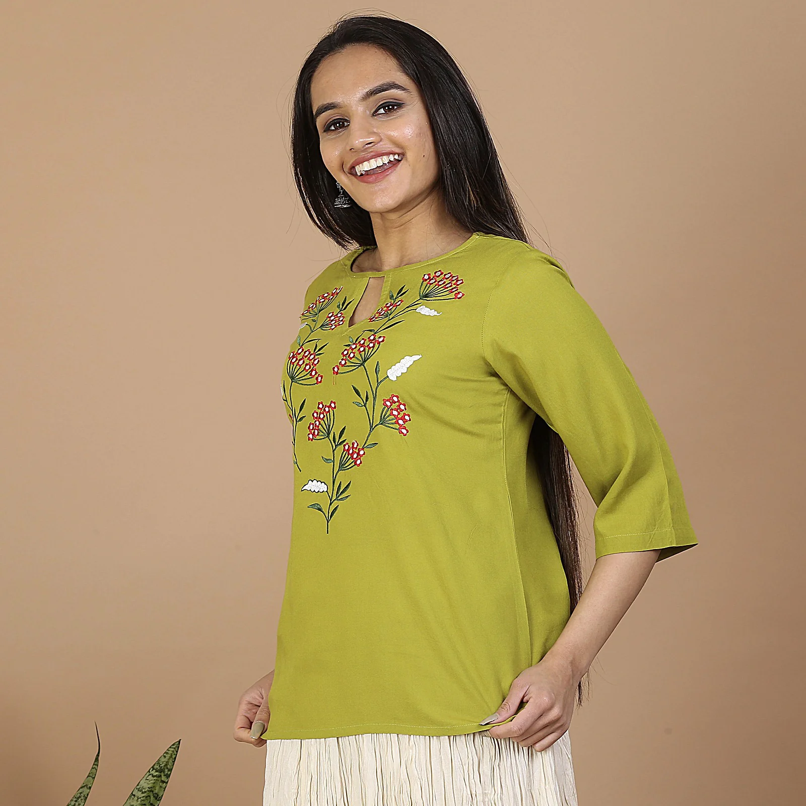 Olive Floral Embroidery Panelled Top with 3/4th Sleeves - Image 4