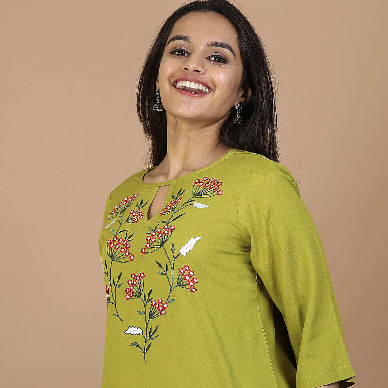 Olive Floral Embroidery Panelled Top with 3/4th Sleeves - Image 5