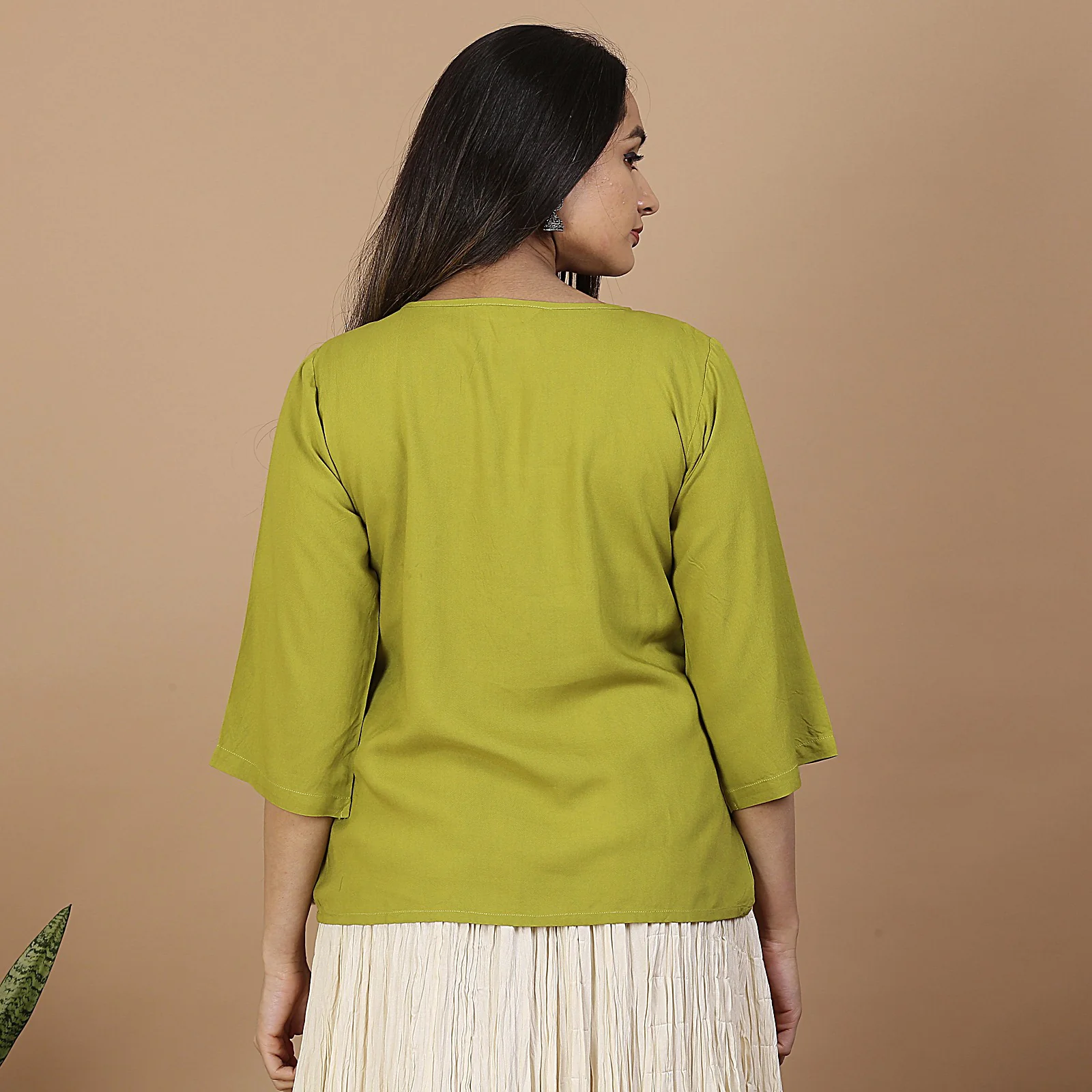 Olive Floral Embroidery Panelled Top with 3/4th Sleeves - Image 6