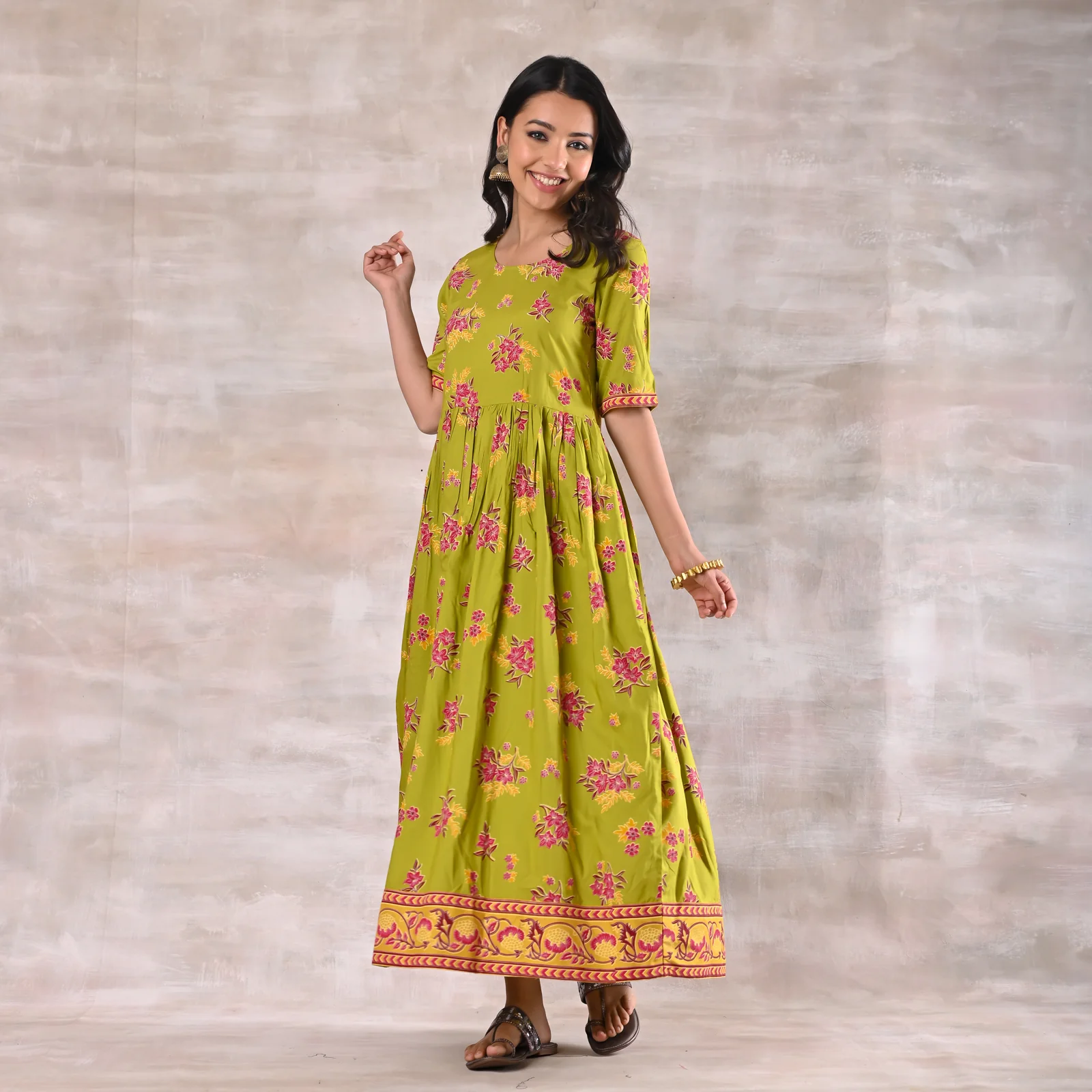 Olive Green Floral Gathered Dress - Image 3