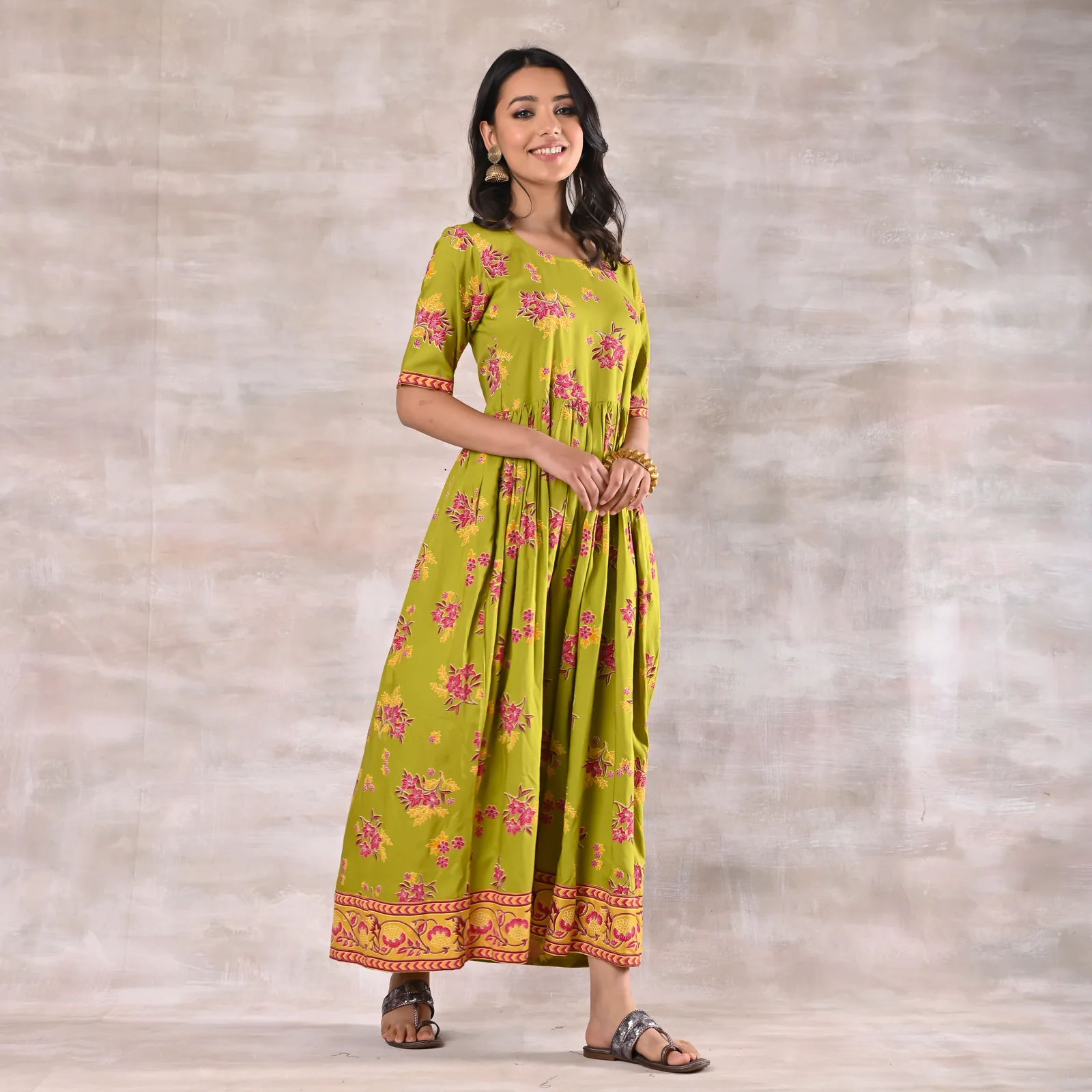 Olive Green Floral Gathered Dress - Image 4