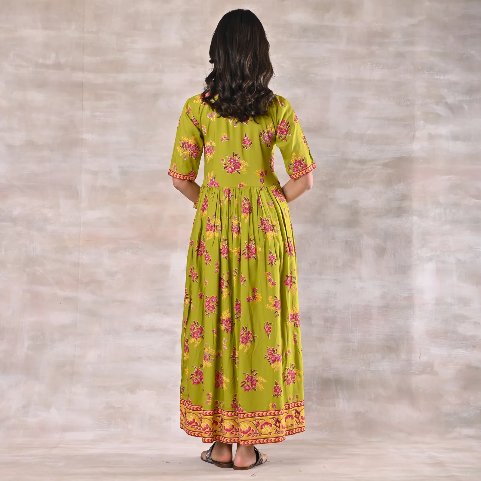 Olive Green Floral Gathered Dress - Image 5