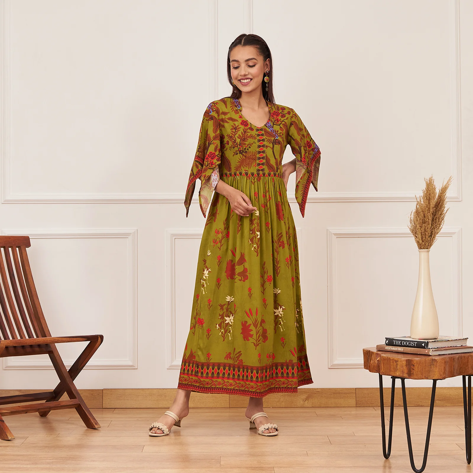 Olive Green Gathered Dress with Flutter Sleeves - Image 3