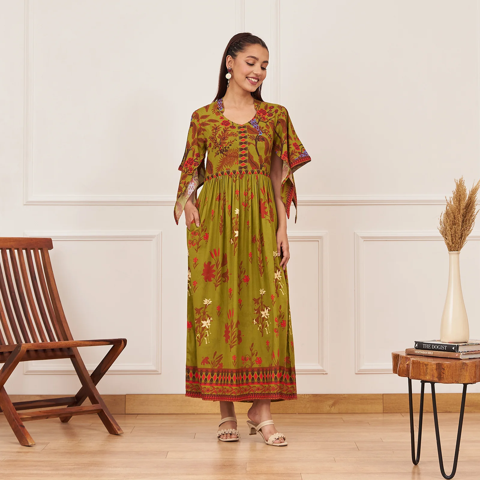 Olive Green Gathered Dress with Flutter Sleeves - Image 4
