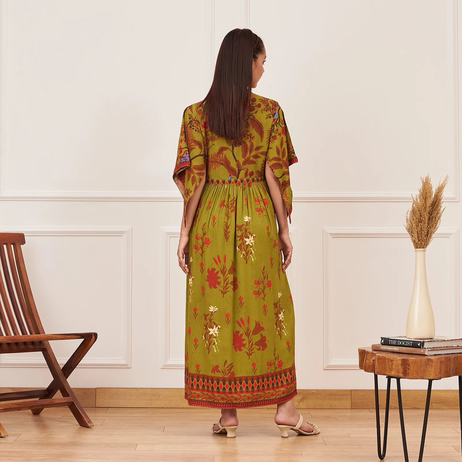 Olive Green Gathered Dress with Flutter Sleeves - Image 5