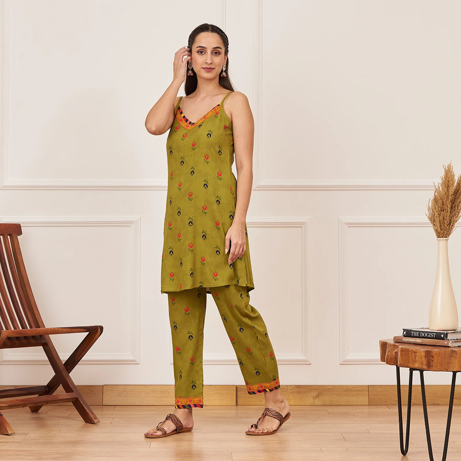 Olive Printed Tunic and Pant Set with Navy Tiered Long Shrug and Belt - Image 10