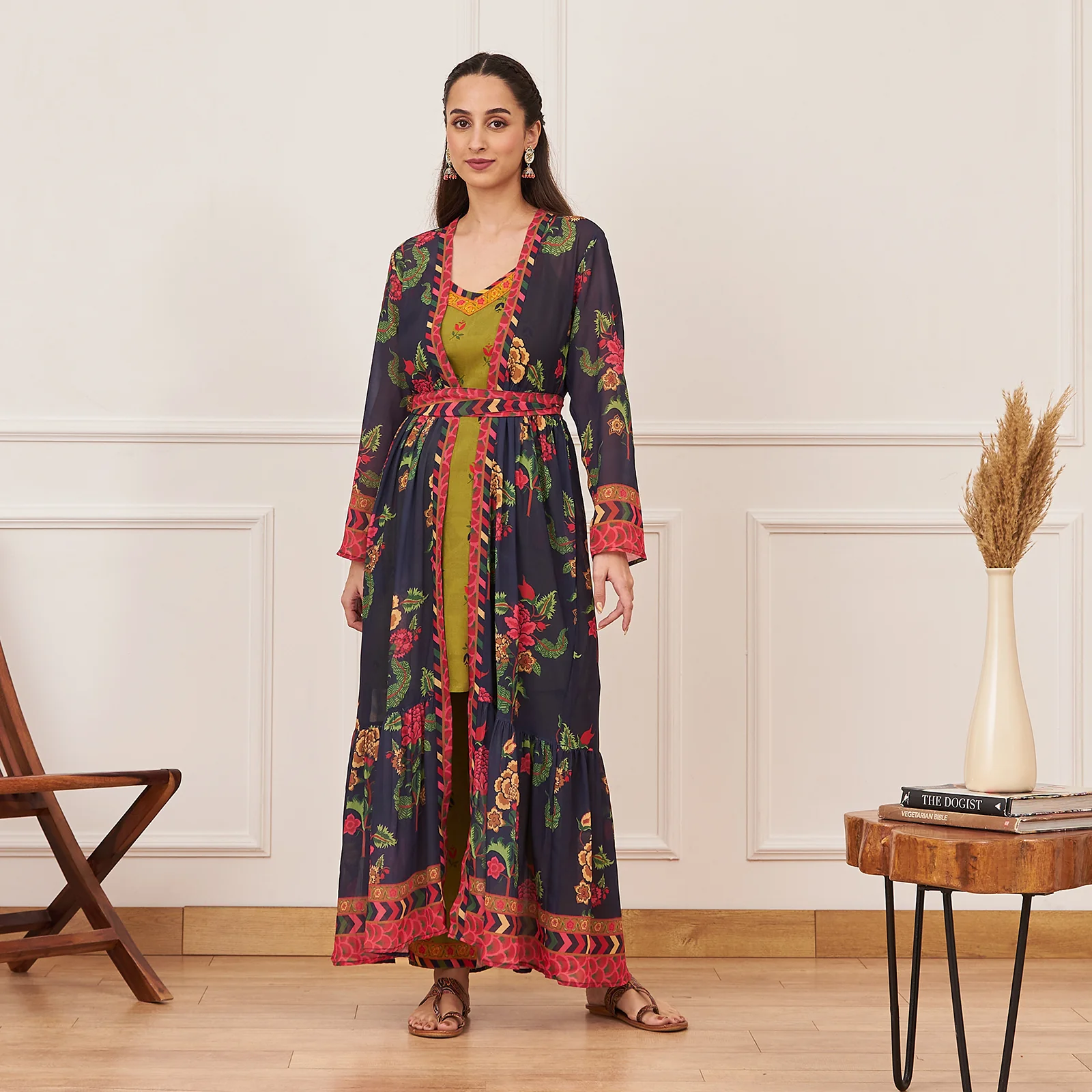 Olive Printed Tunic and Pant Set with Navy Tiered Long Shrug and Belt - Image 3