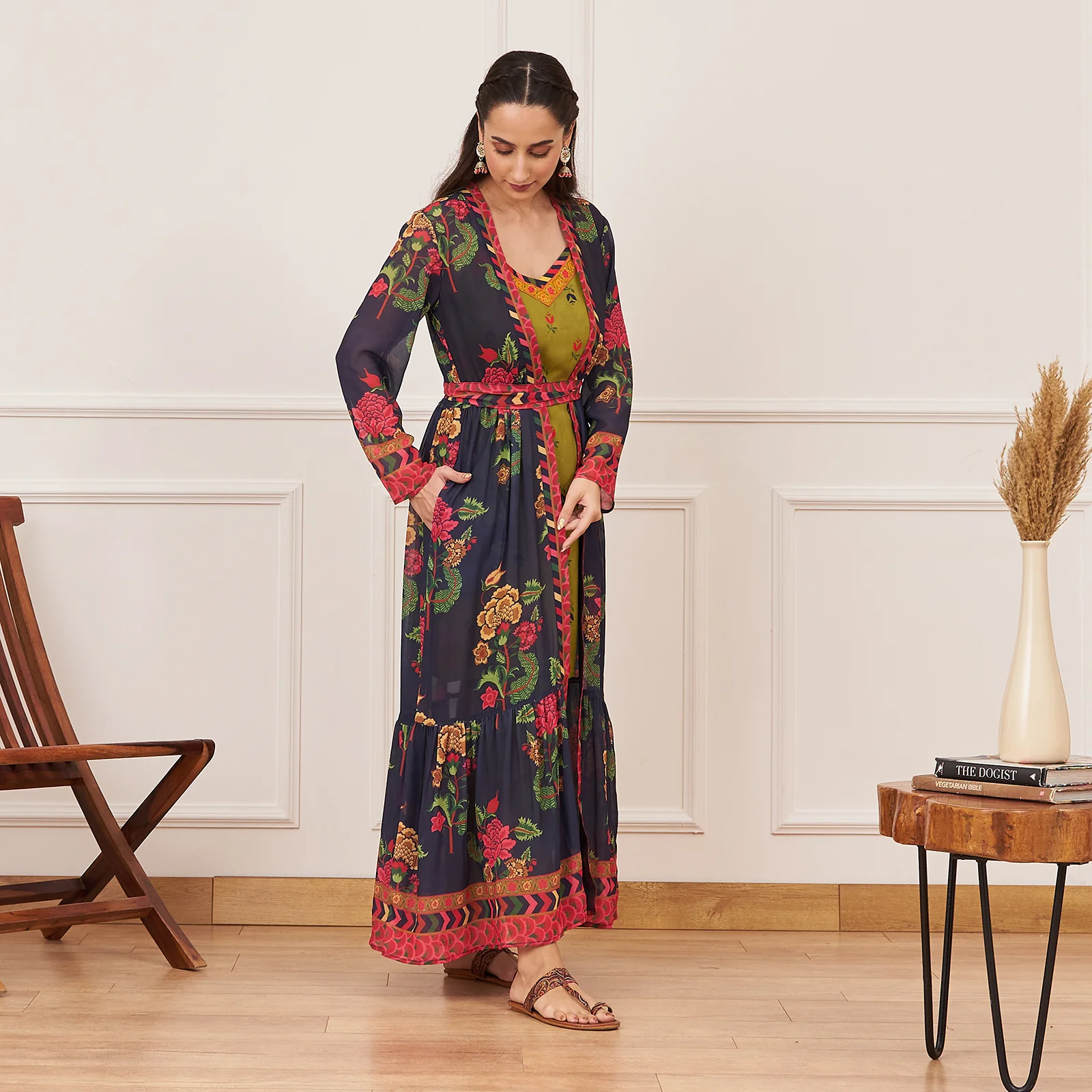 Olive Printed Tunic and Pant Set with Navy Tiered Long Shrug and Belt - Image 4