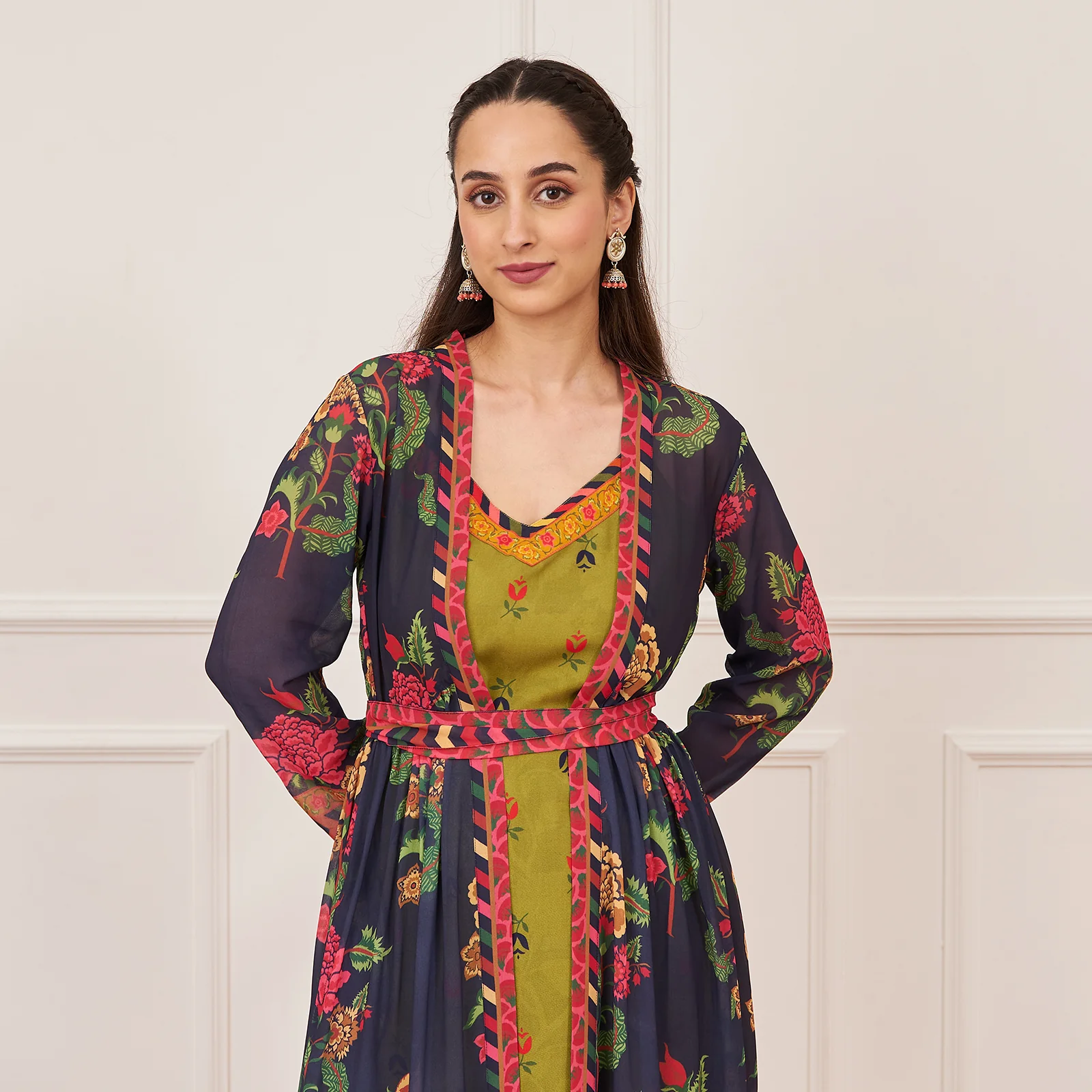 Olive Printed Tunic and Pant Set with Navy Tiered Long Shrug and Belt - Image 5