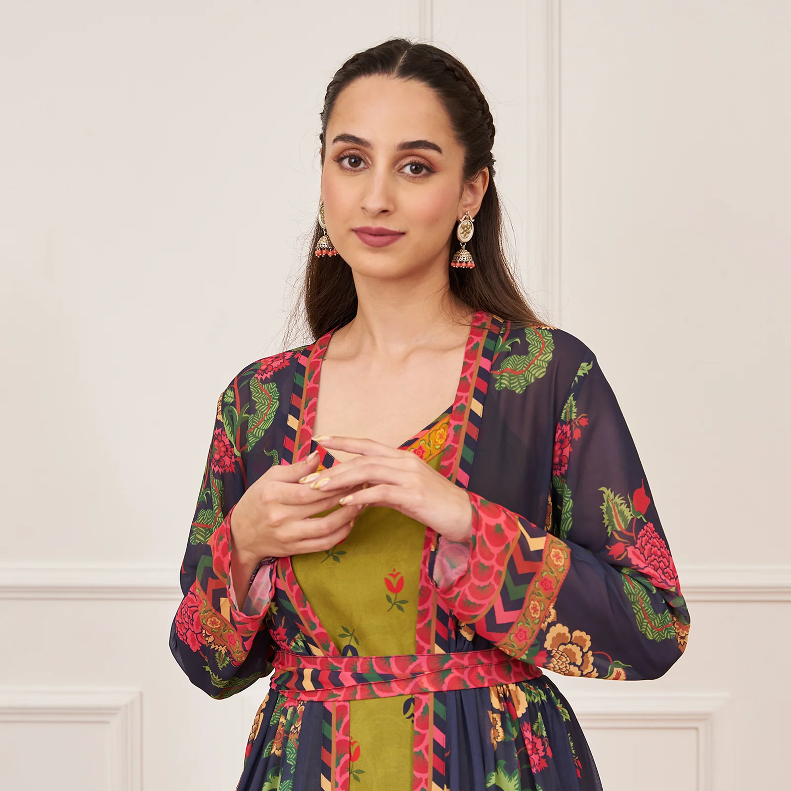 Olive Printed Tunic and Pant Set with Navy Tiered Long Shrug and Belt - Image 6