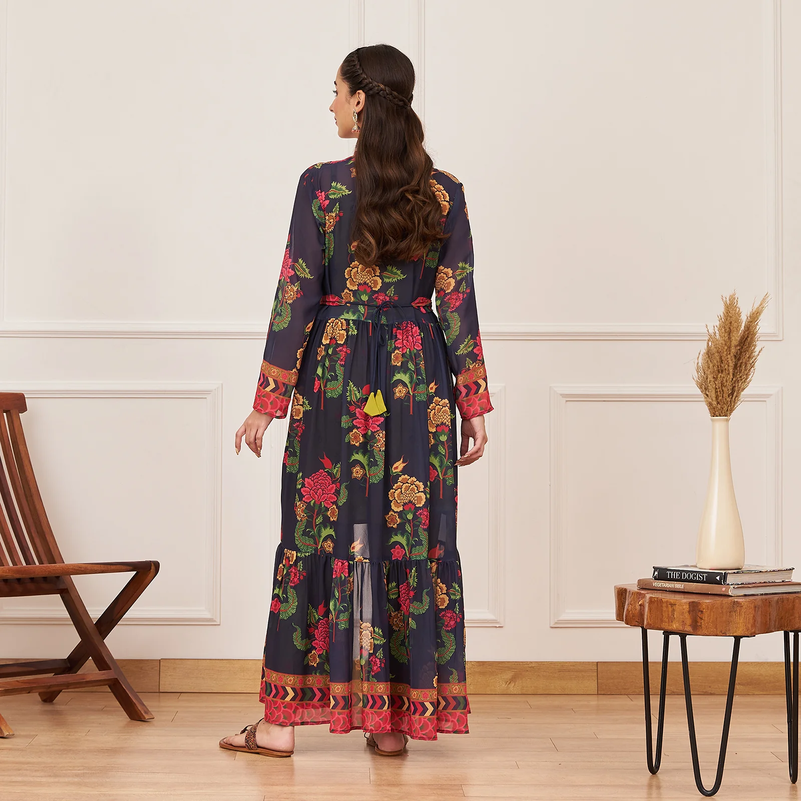 Olive Printed Tunic and Pant Set with Navy Tiered Long Shrug and Belt - Image 7