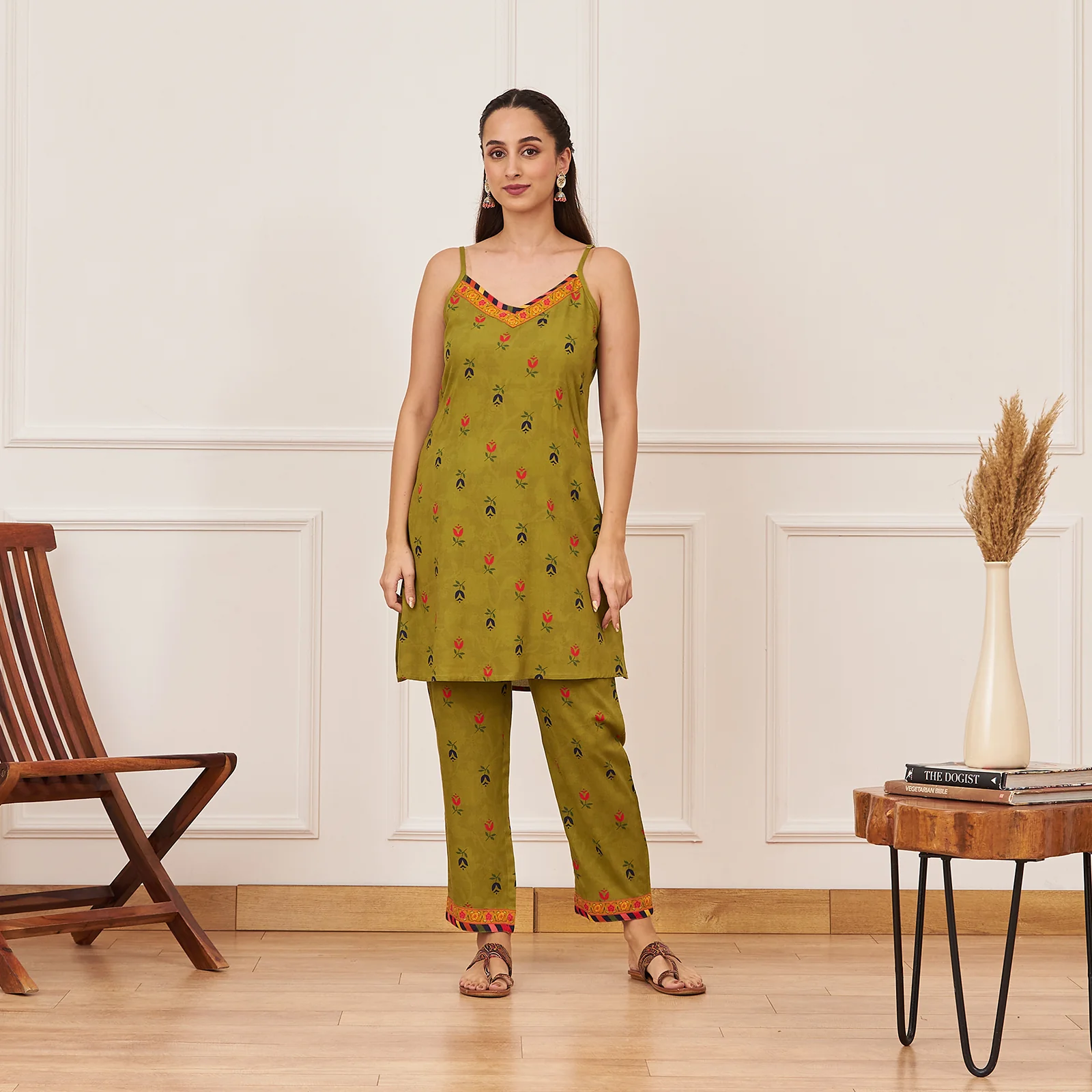 Olive Printed Tunic and Pant Set with Navy Tiered Long Shrug and Belt - Image 8
