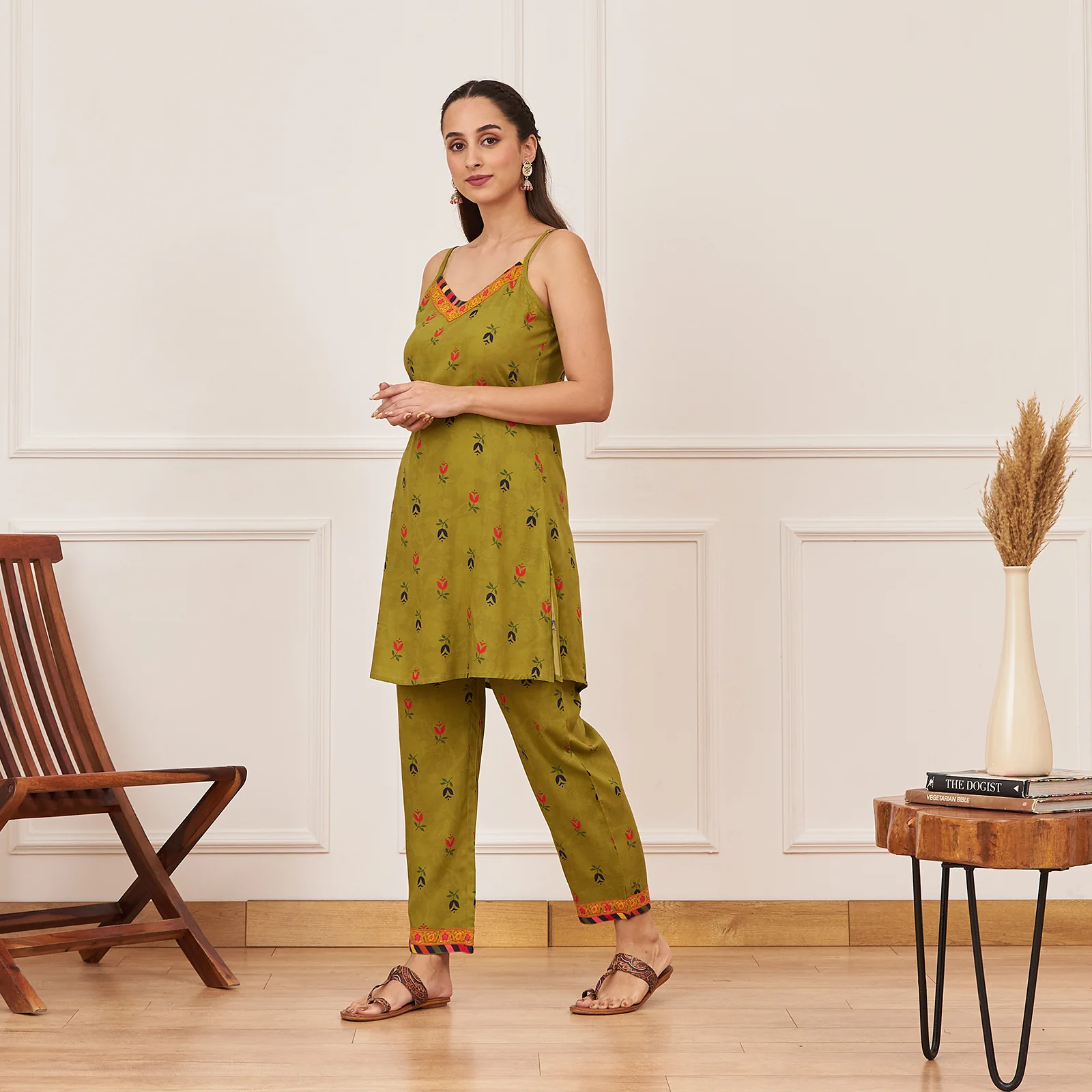 Olive Printed Tunic and Pant Set with Navy Tiered Long Shrug and Belt - Image 9
