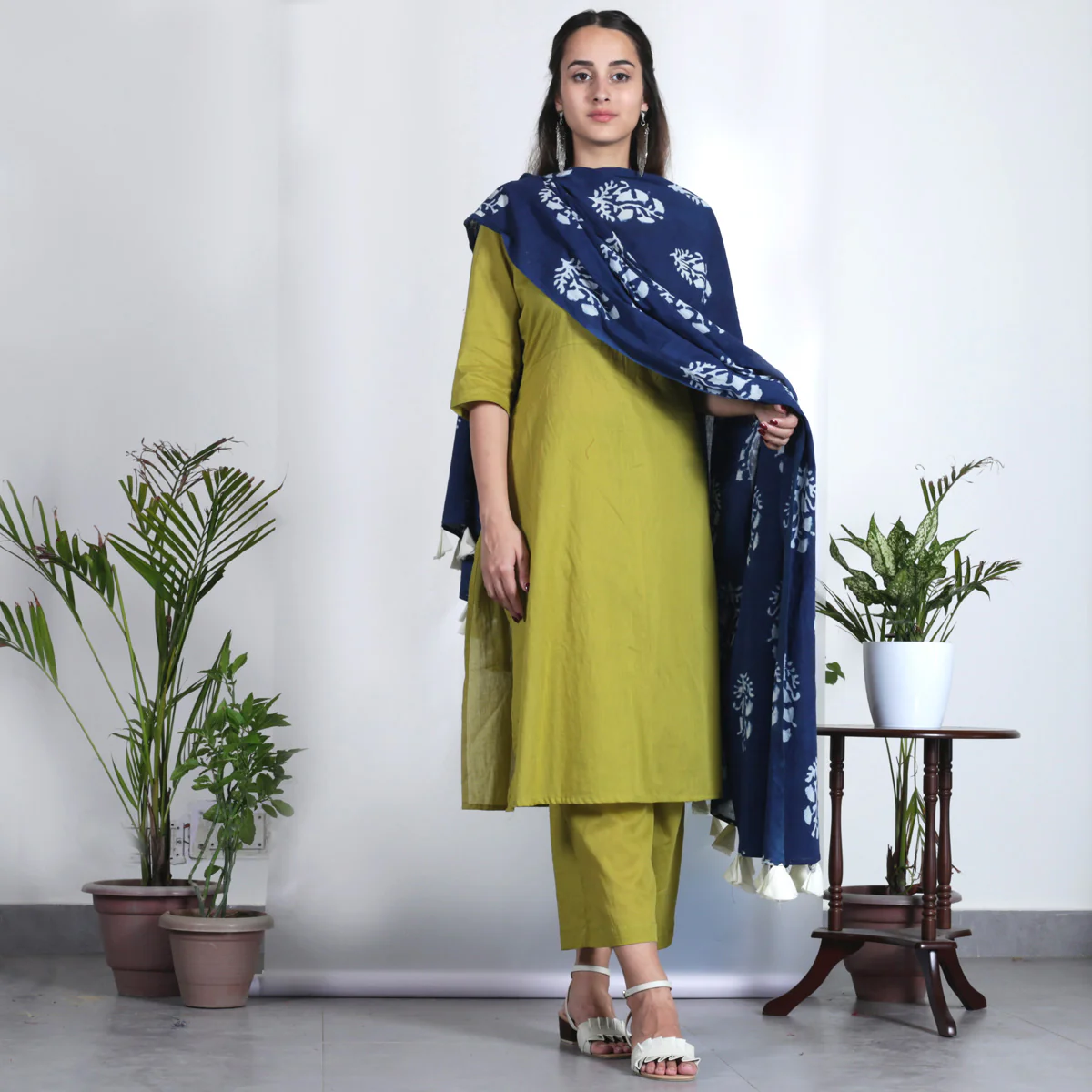 Olive Salwar Kurta Set for Women with Indigo Dupatta - Image 10