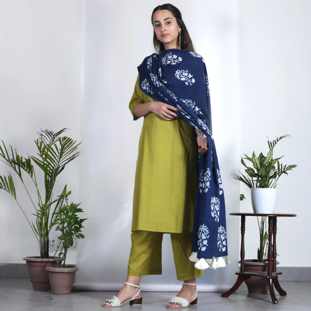 Olive Salwar Kurta Set for Women with Indigo Dupatta - Image 12