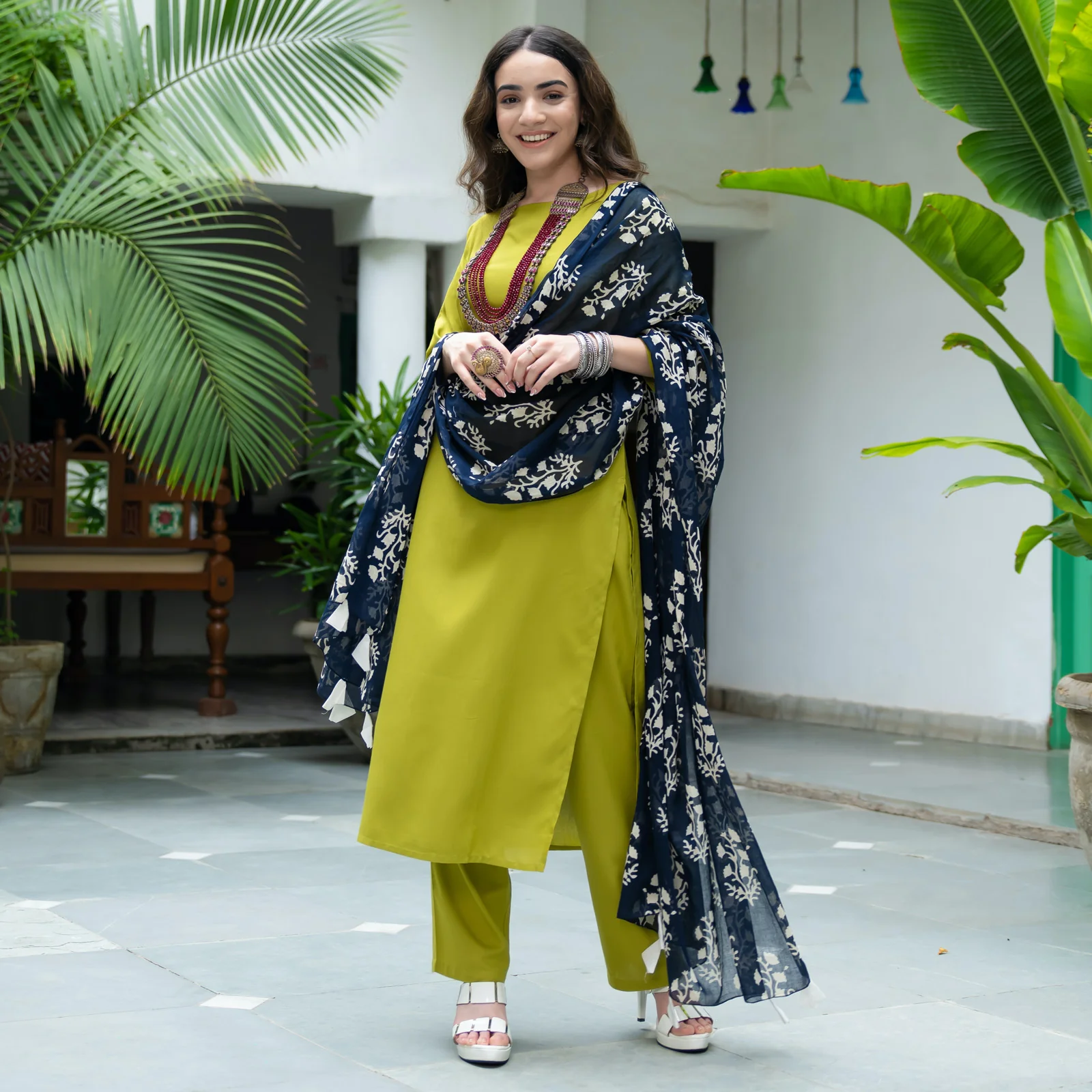 Olive Salwar Kurta Set for Women with Indigo Dupatta - Image 3