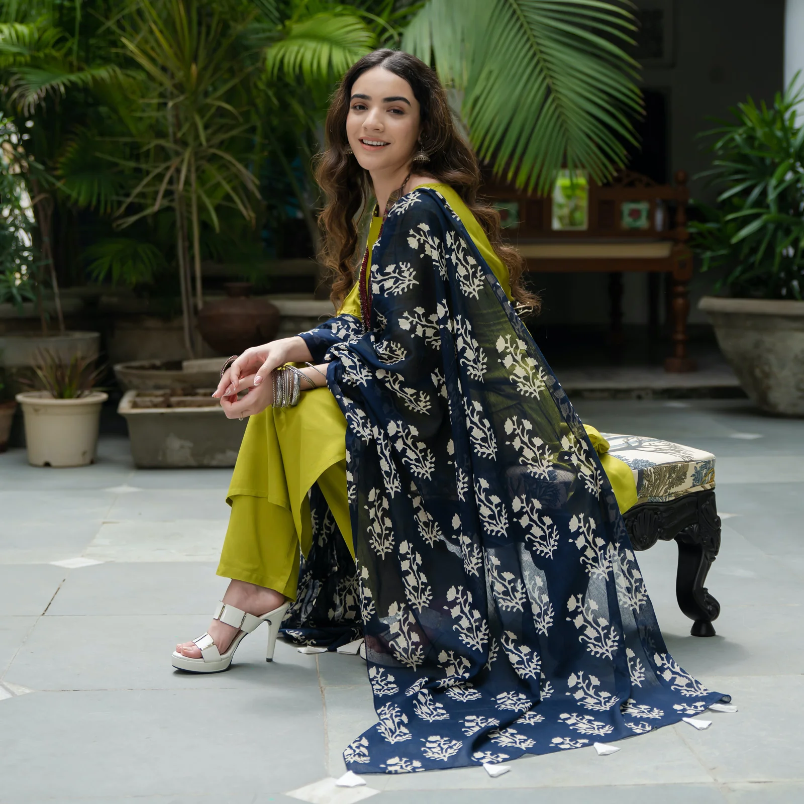 Olive Salwar Kurta Set for Women with Indigo Dupatta - Image 4
