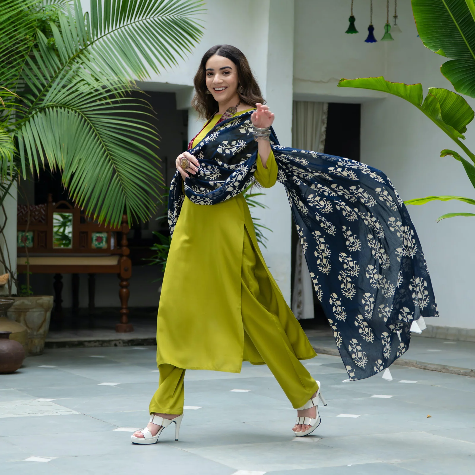 Olive Salwar Kurta Set for Women with Indigo Dupatta - Image 5