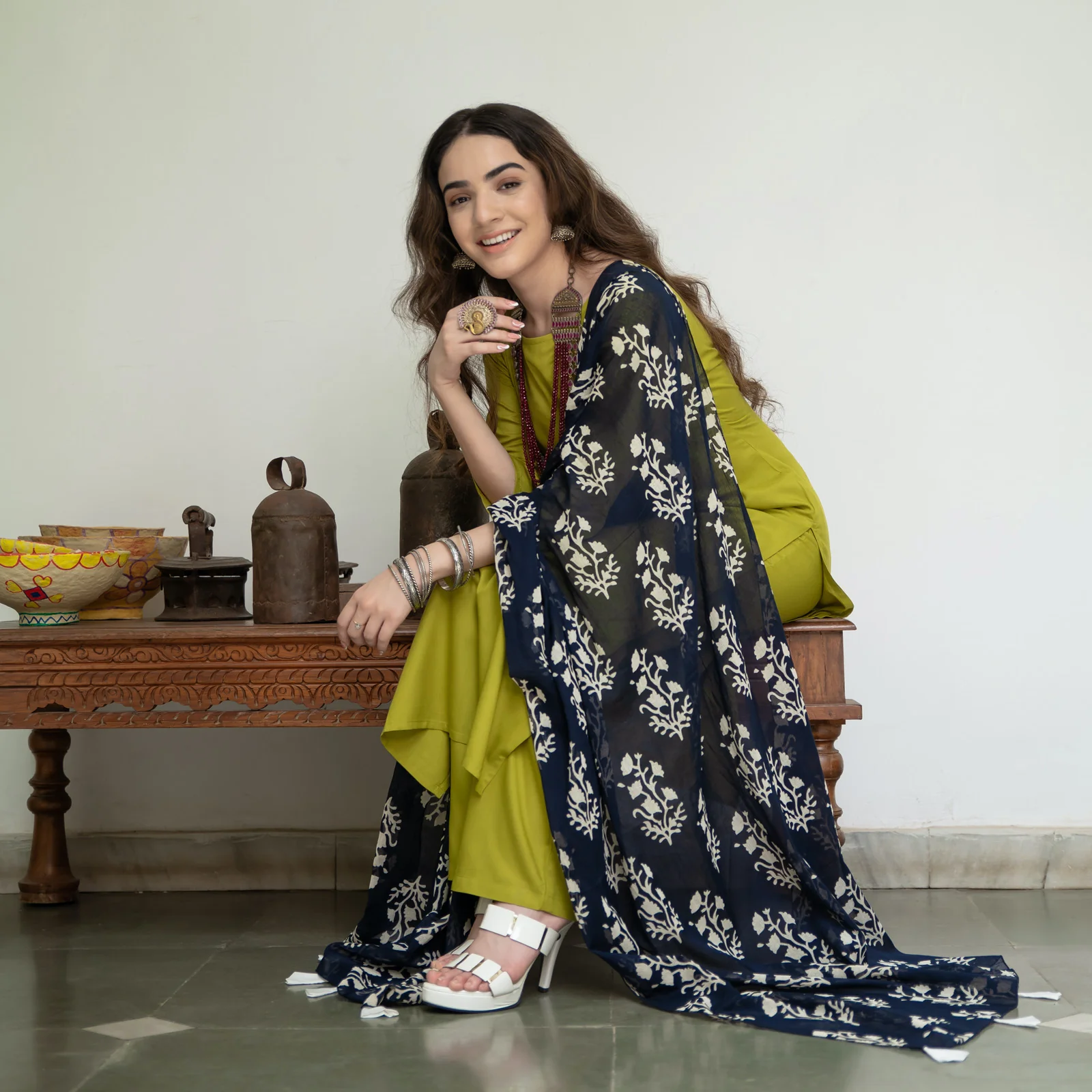 Olive Salwar Kurta Set for Women with Indigo Dupatta - Image 6