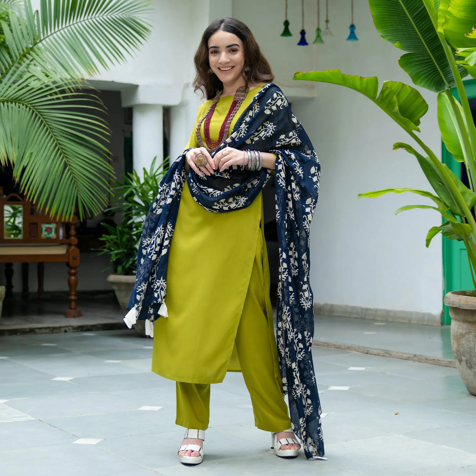 Olive Salwar Kurta Set for Women with Indigo Dupatta - Image 7