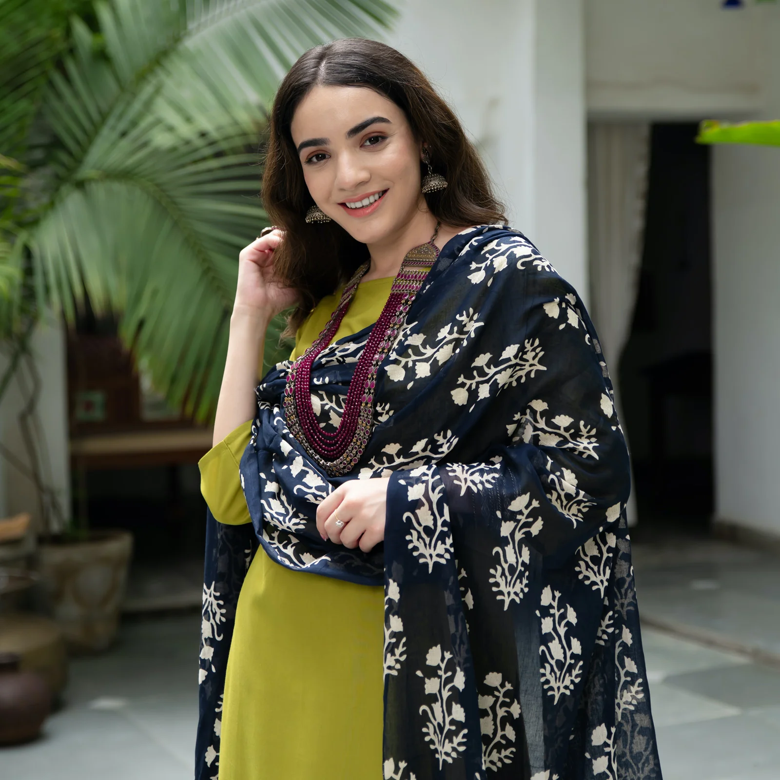 Olive Salwar Kurta Set for Women with Indigo Dupatta - Image 8