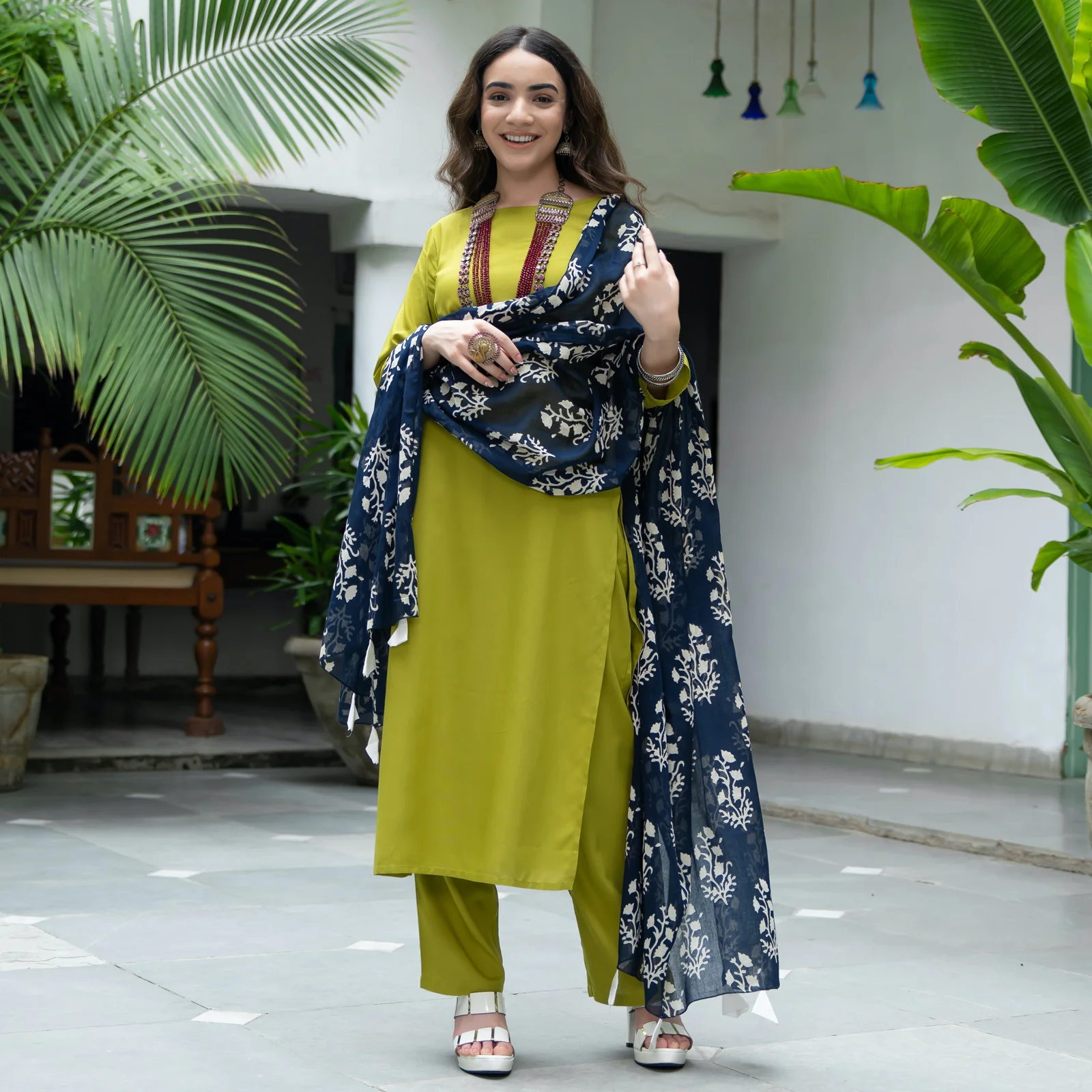 Olive Salwar Kurta Set for Women with Indigo Dupatta - Image 9
