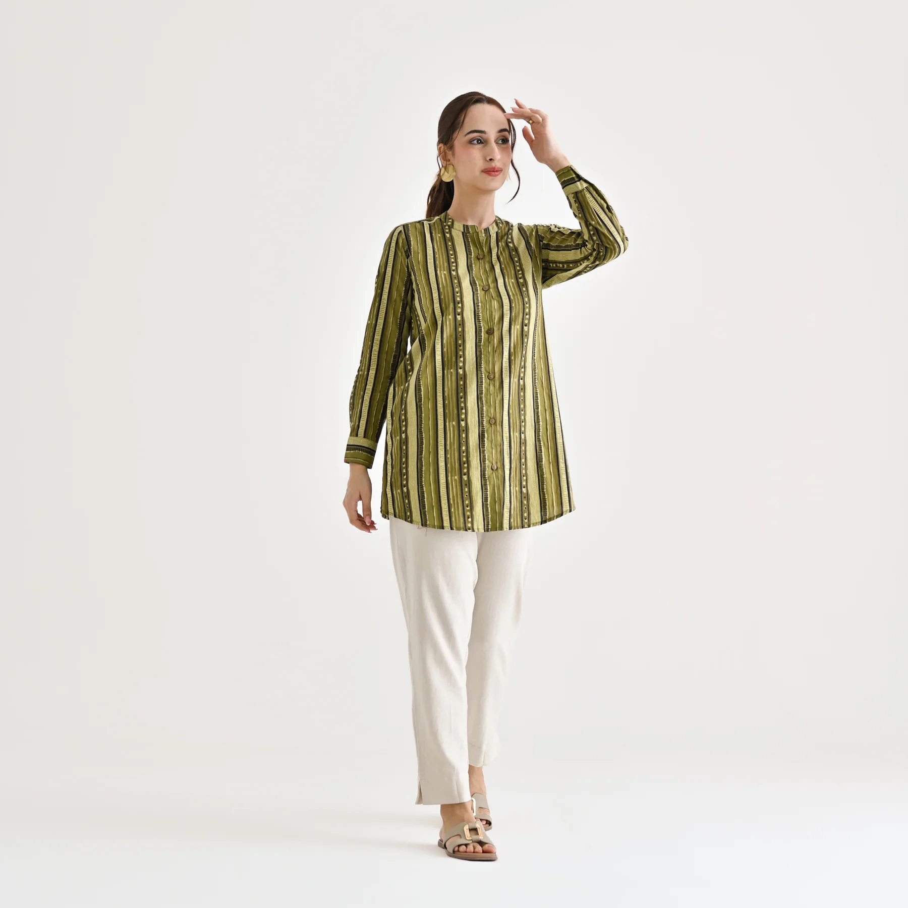 Olive Striped Sanganeri Button Down Cotton Tunic - Image 3