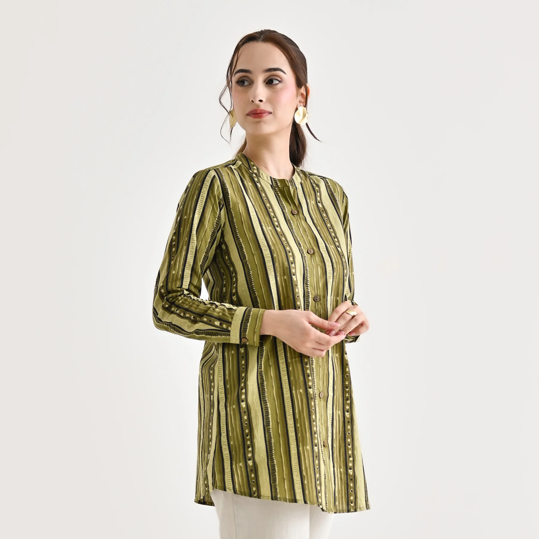 Olive Striped Sanganeri Button Down Cotton Tunic - Image 4