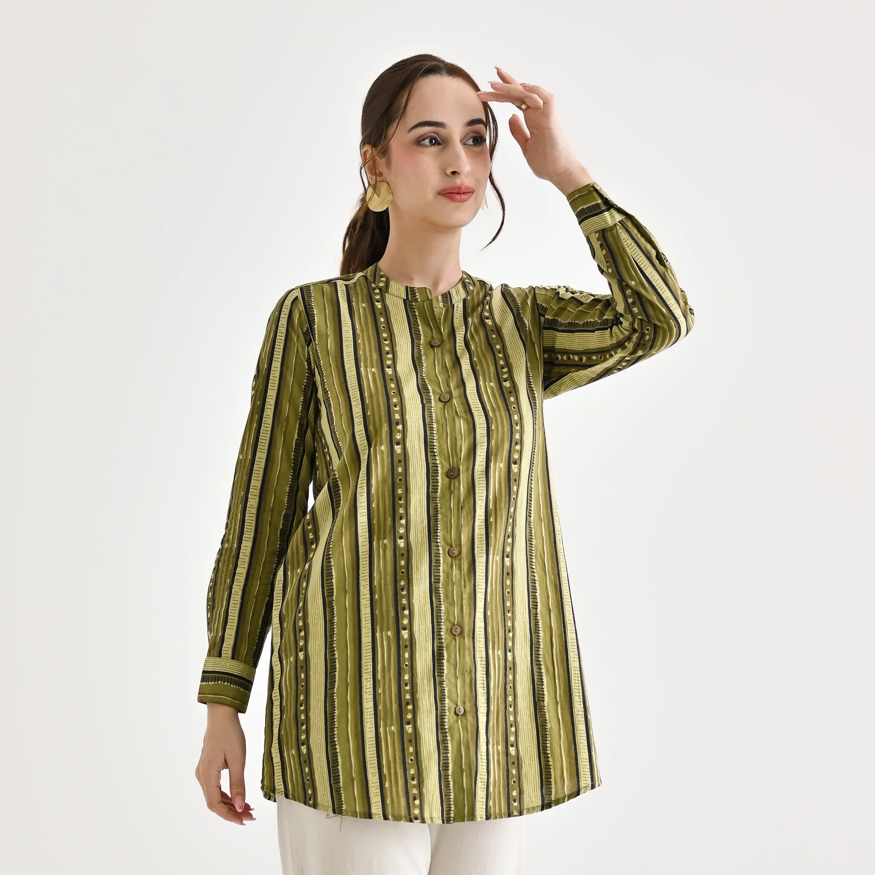 Olive Striped Sanganeri Button Down Cotton Tunic - Image 5