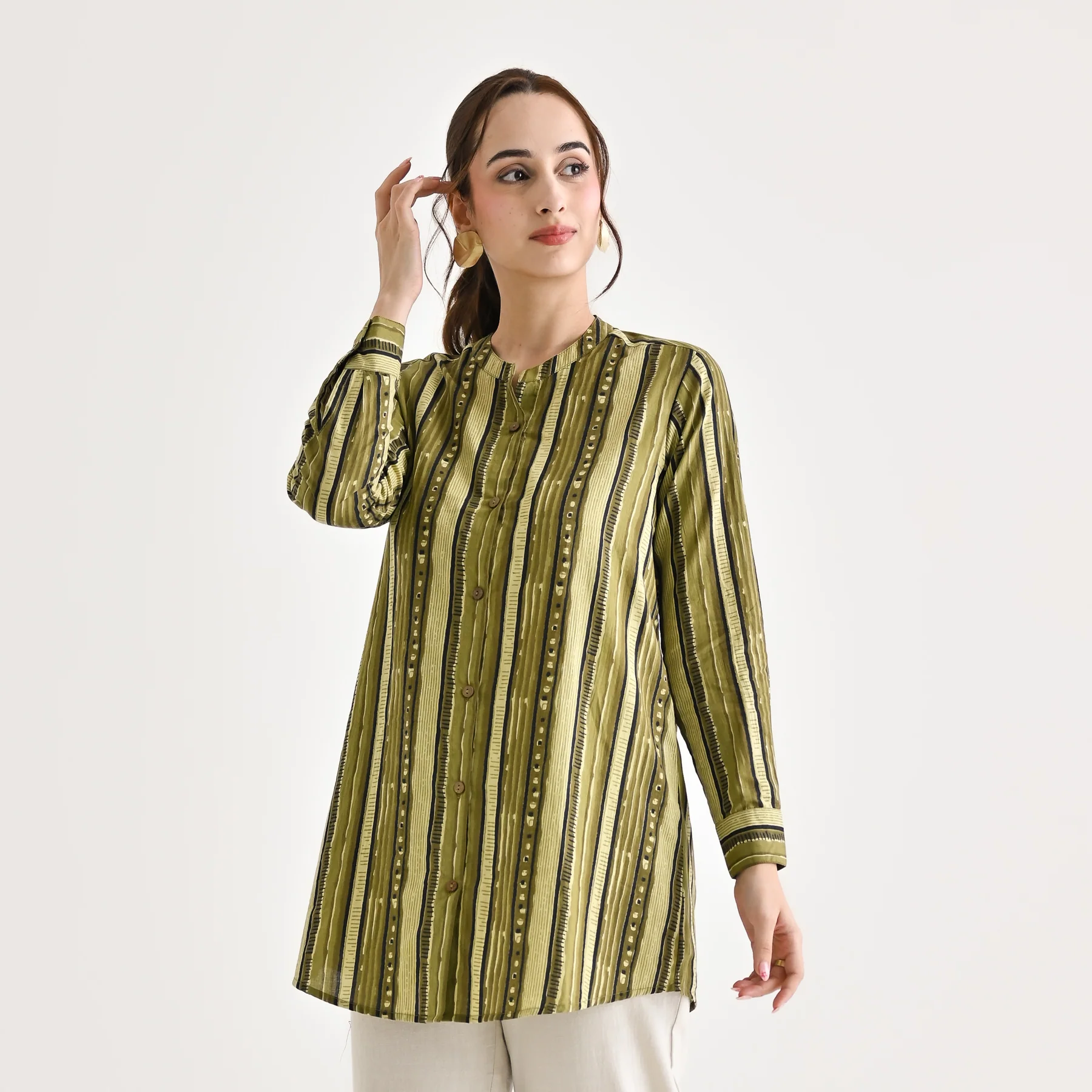 Olive Striped Sanganeri Button Down Cotton Tunic - Image 6