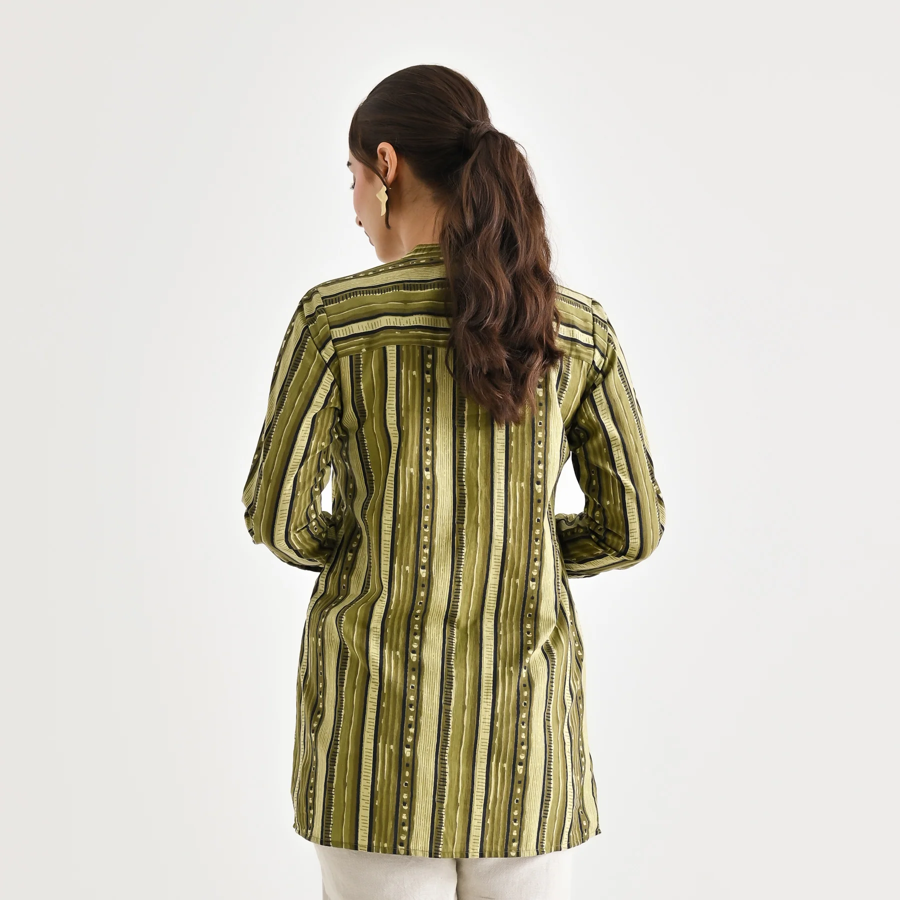 Olive Striped Sanganeri Button Down Cotton Tunic - Image 7
