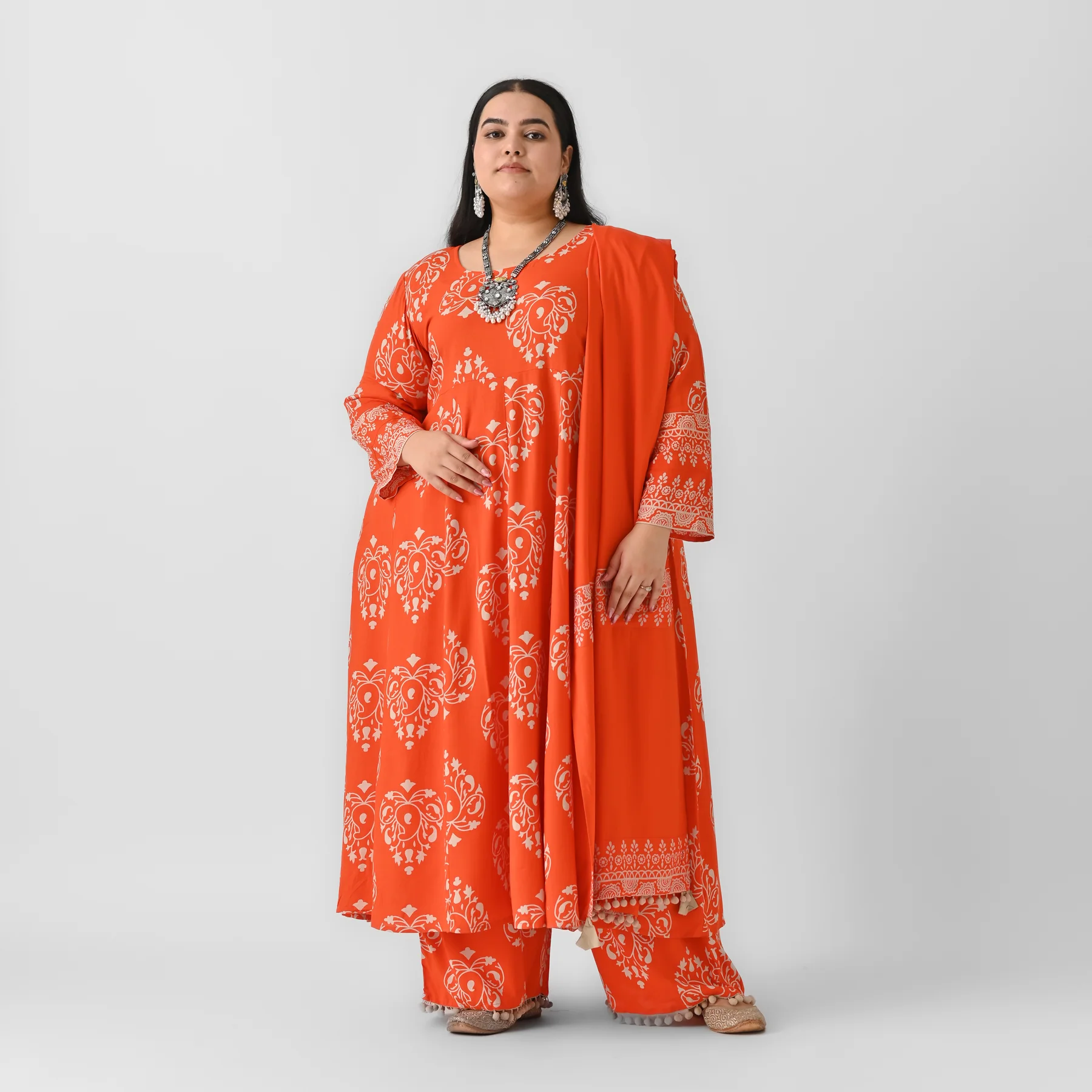Orange Flared Kurta Dupatta Pant Set with Pompom Details - SOM - Image 3
