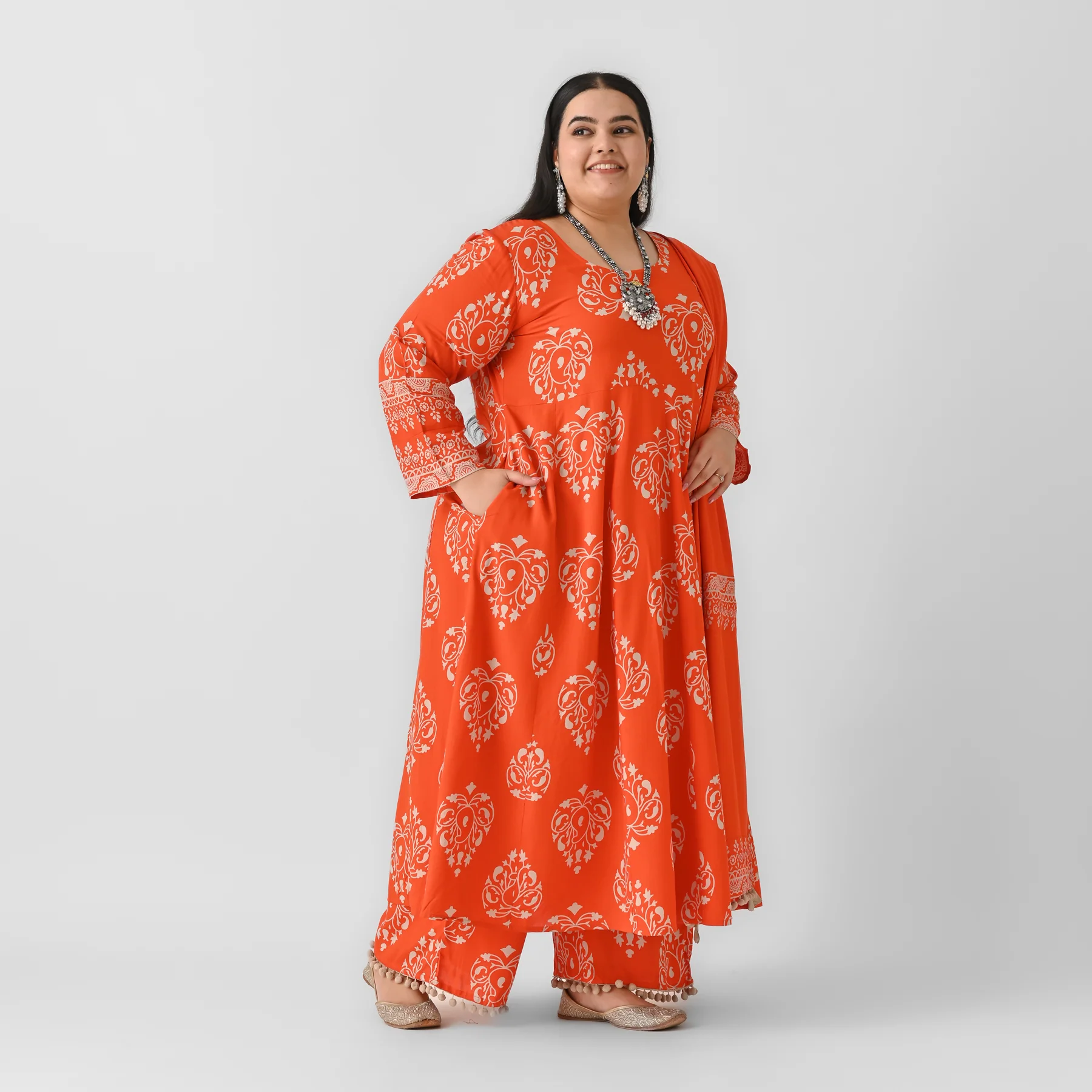 Orange Flared Kurta Dupatta Pant Set with Pompom Details - SOM - Image 4
