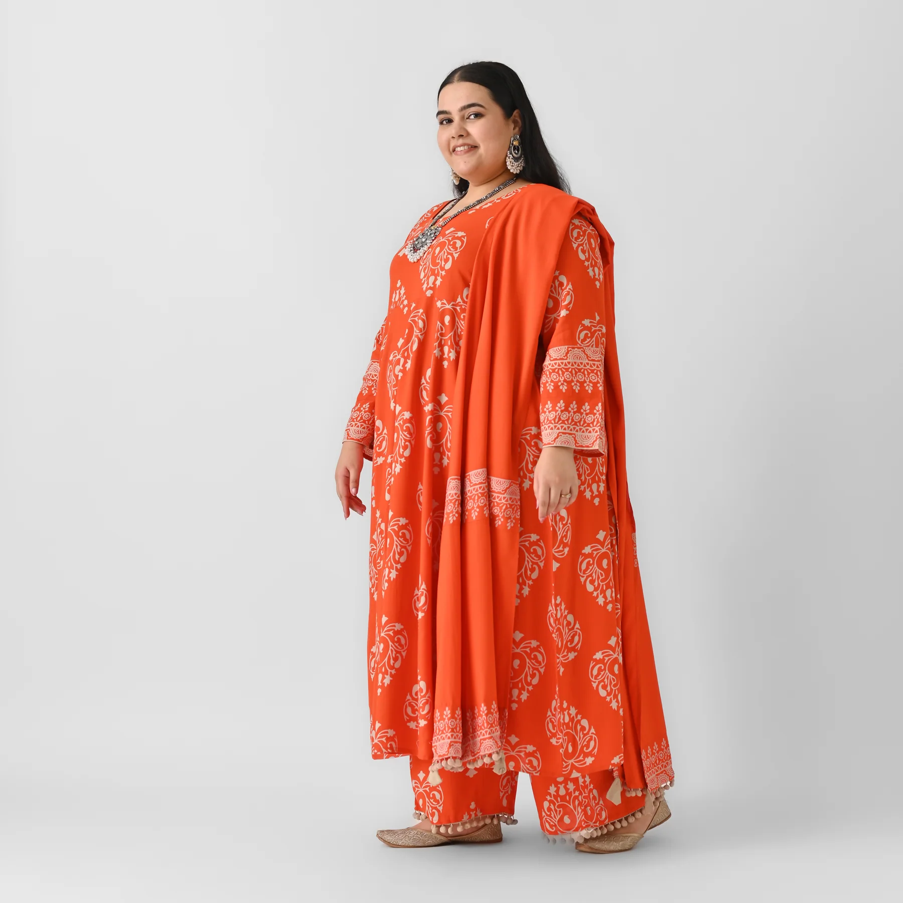 Orange Flared Kurta Dupatta Pant Set with Pompom Details - SOM - Image 5