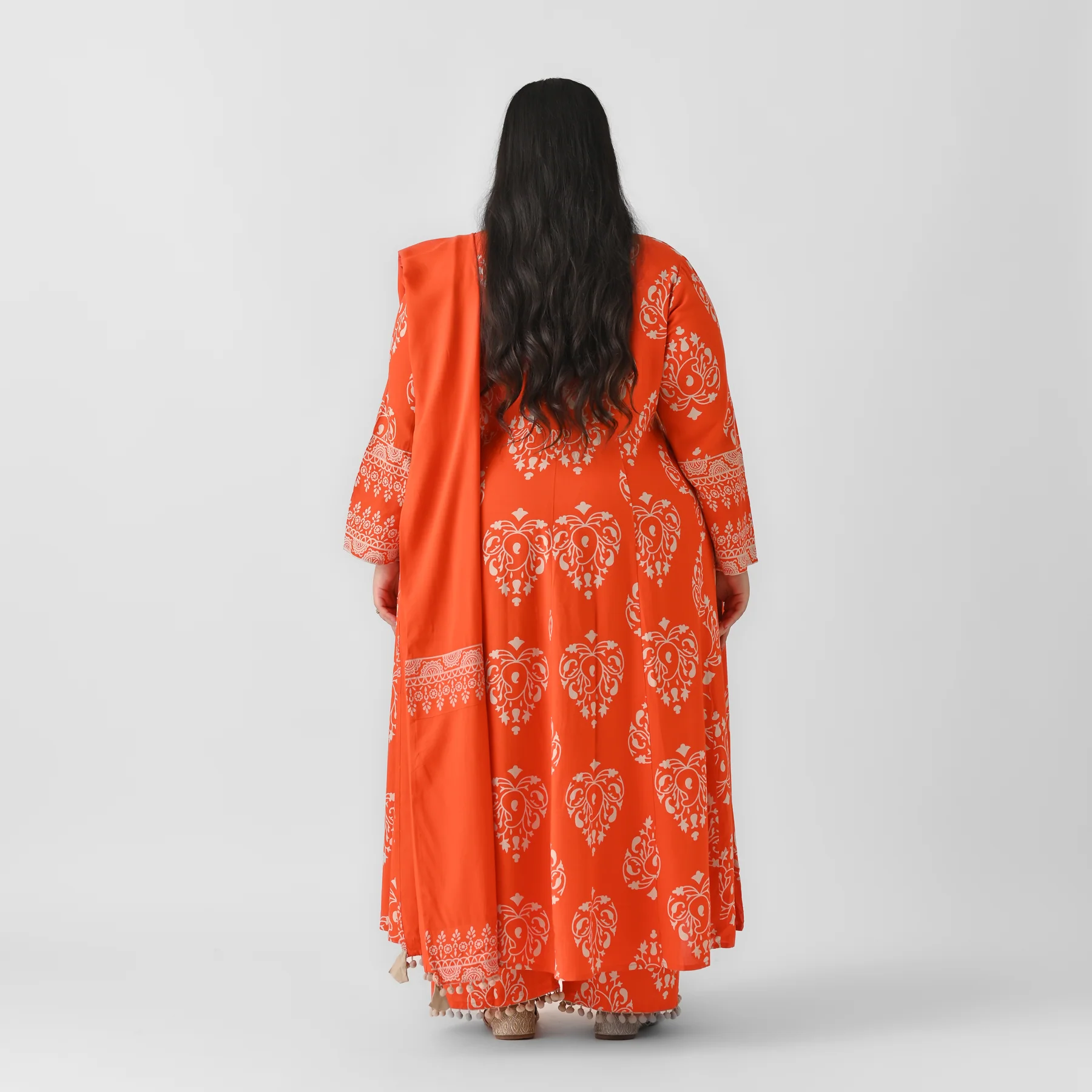 Orange Flared Kurta Dupatta Pant Set with Pompom Details - SOM - Image 6