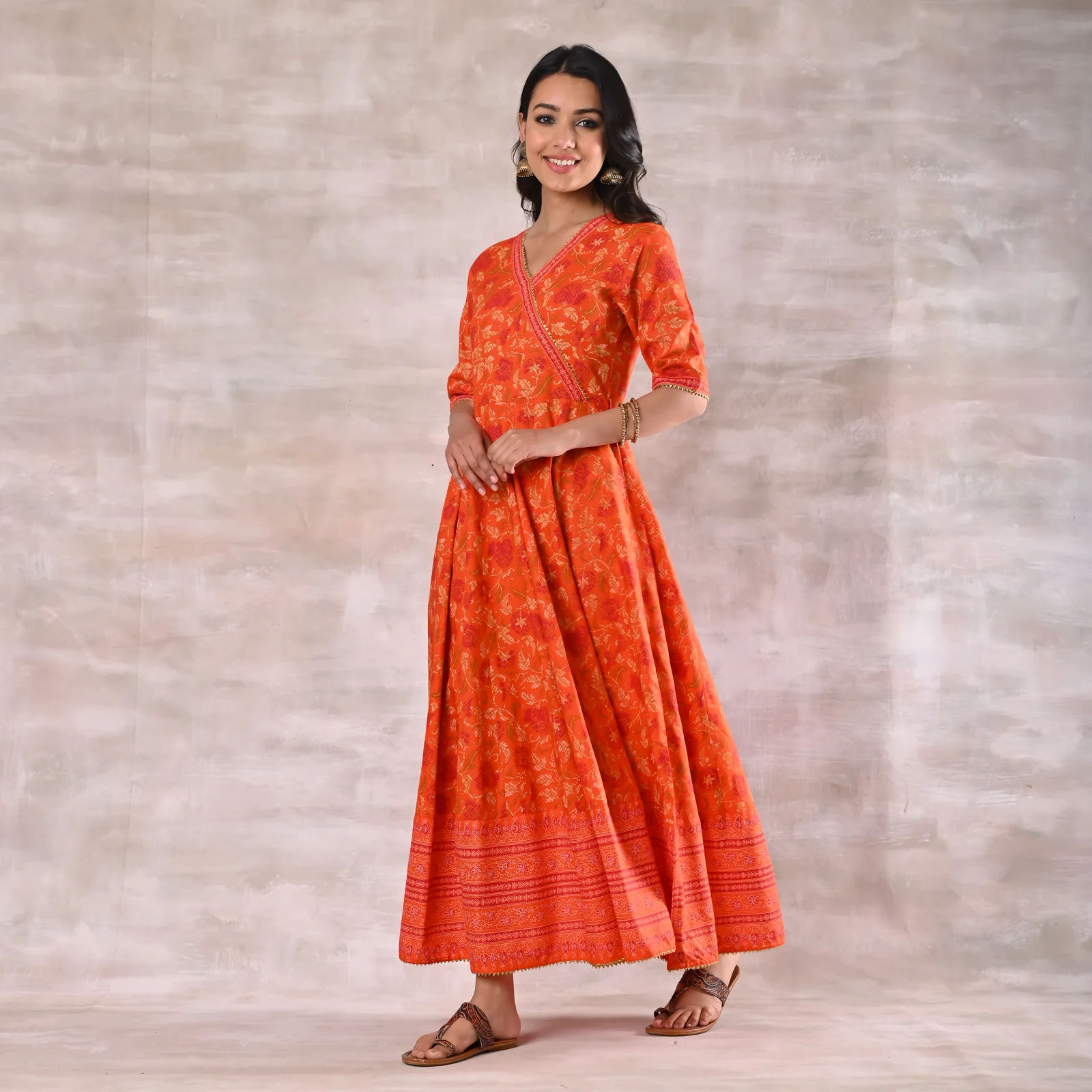 Orange Floral Angrakha Dress - Image 10