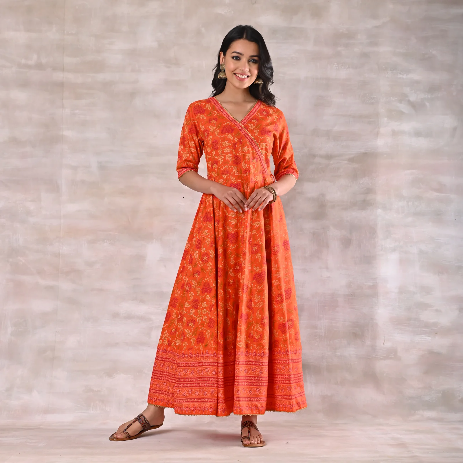 Orange Floral Angrakha Dress - Image 11