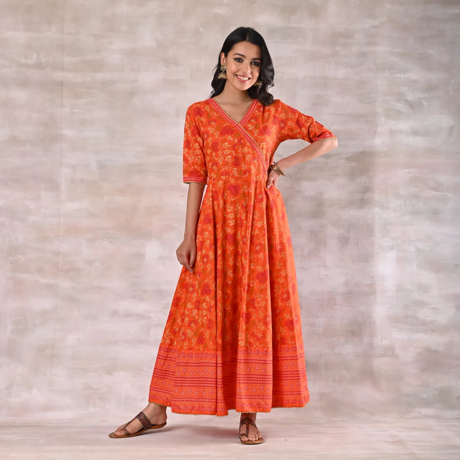 Orange Floral Angrakha Dress - Image 12