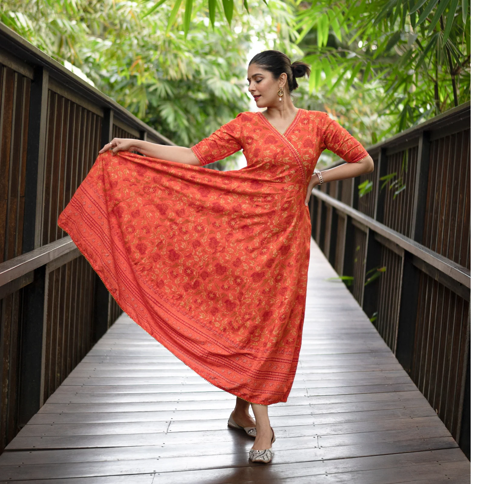 Orange Floral Angrakha Dress - Image 3