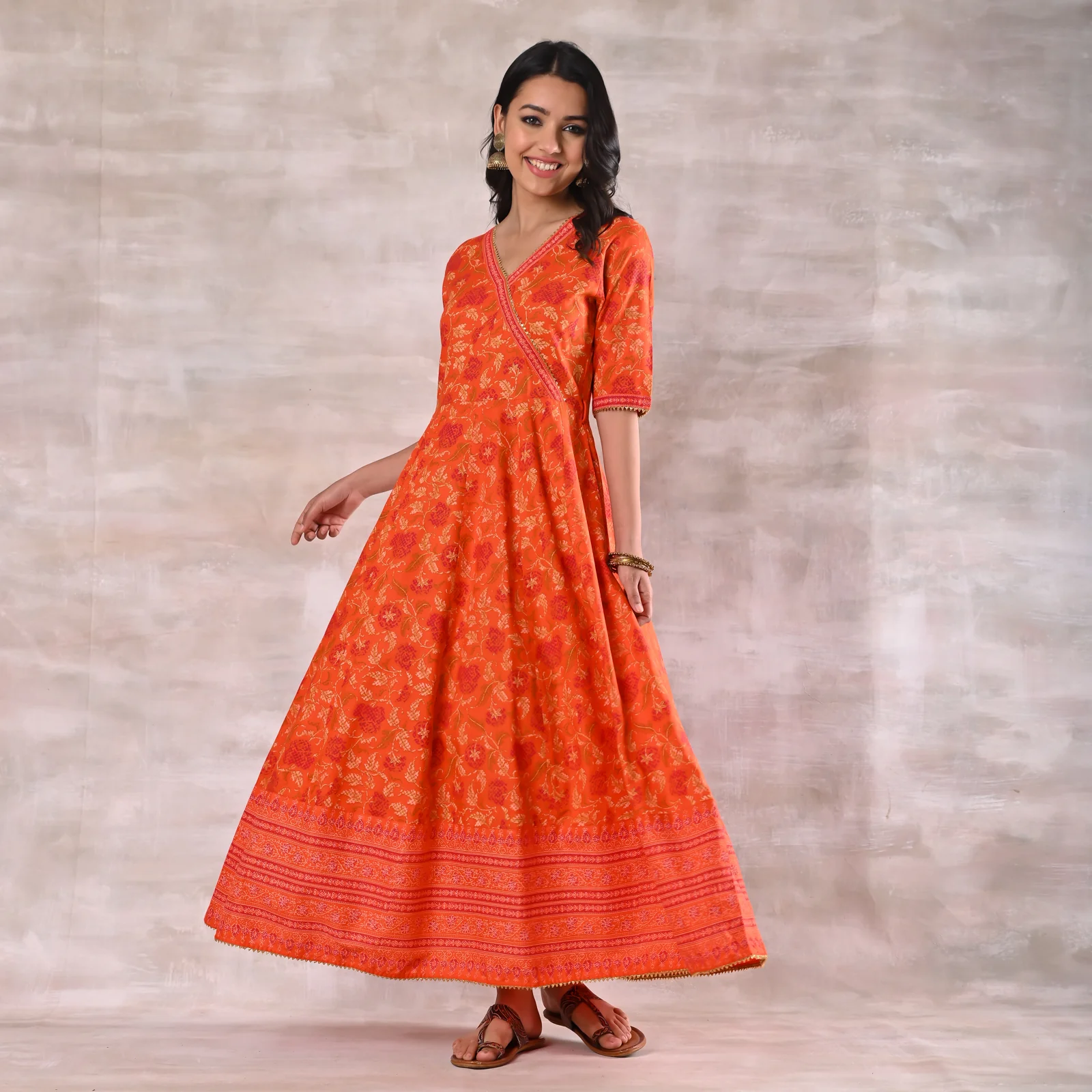 Orange Floral Angrakha Dress - Image 4