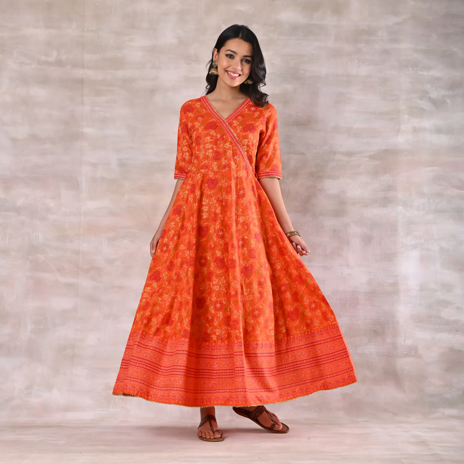 Orange Floral Angrakha Dress - Image 5