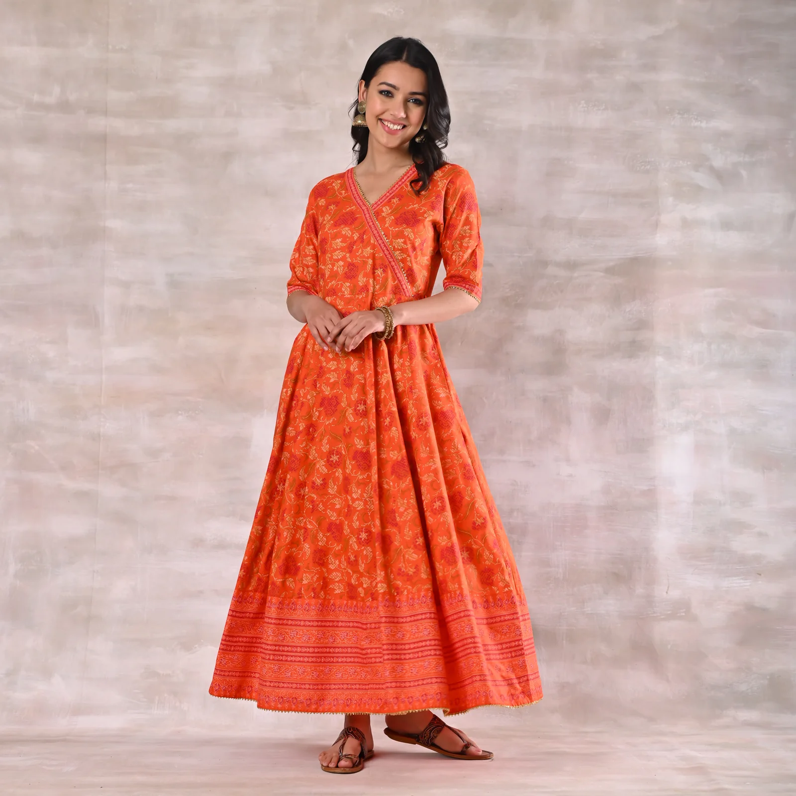 Orange Floral Angrakha Dress - Image 6