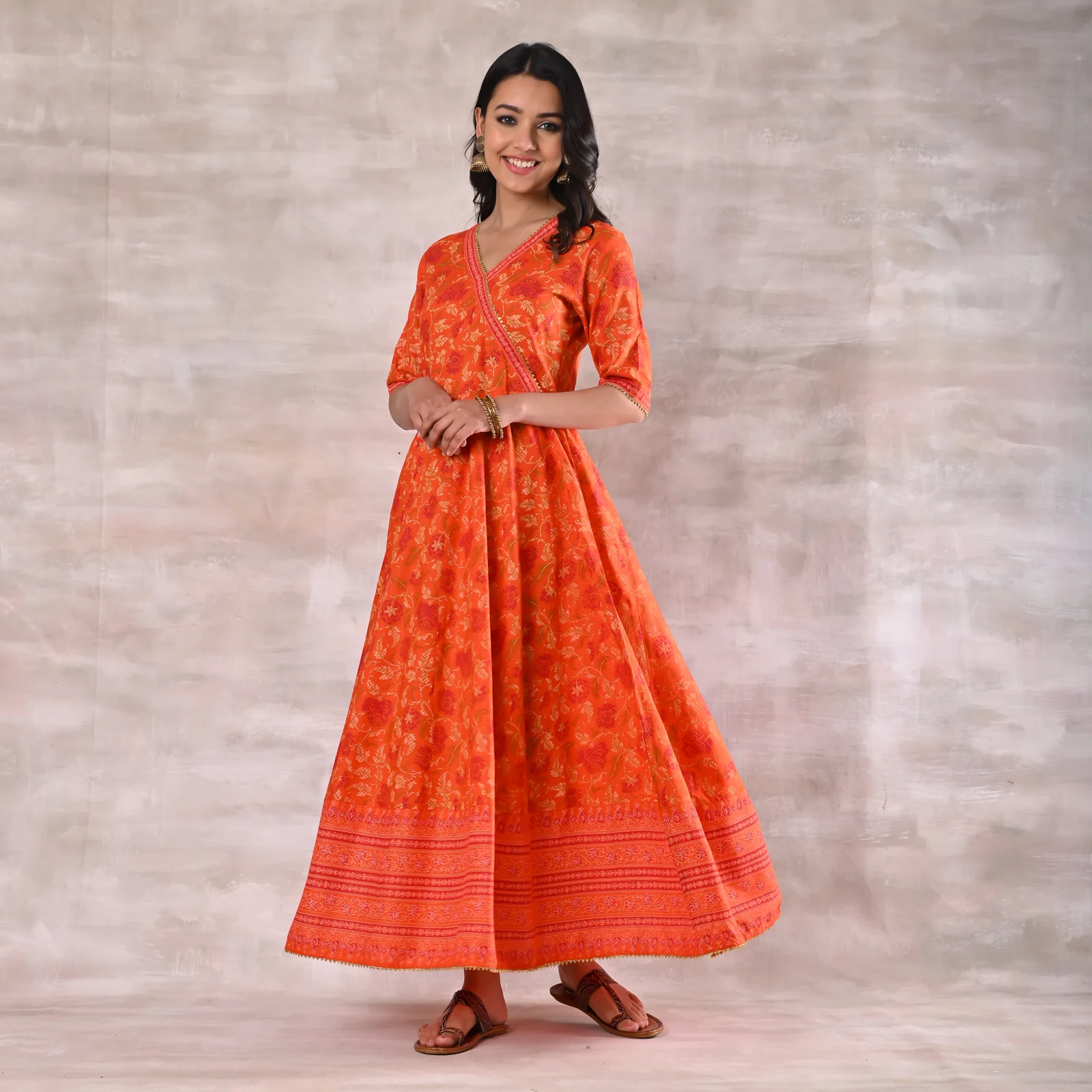 Orange Floral Angrakha Dress - Image 7