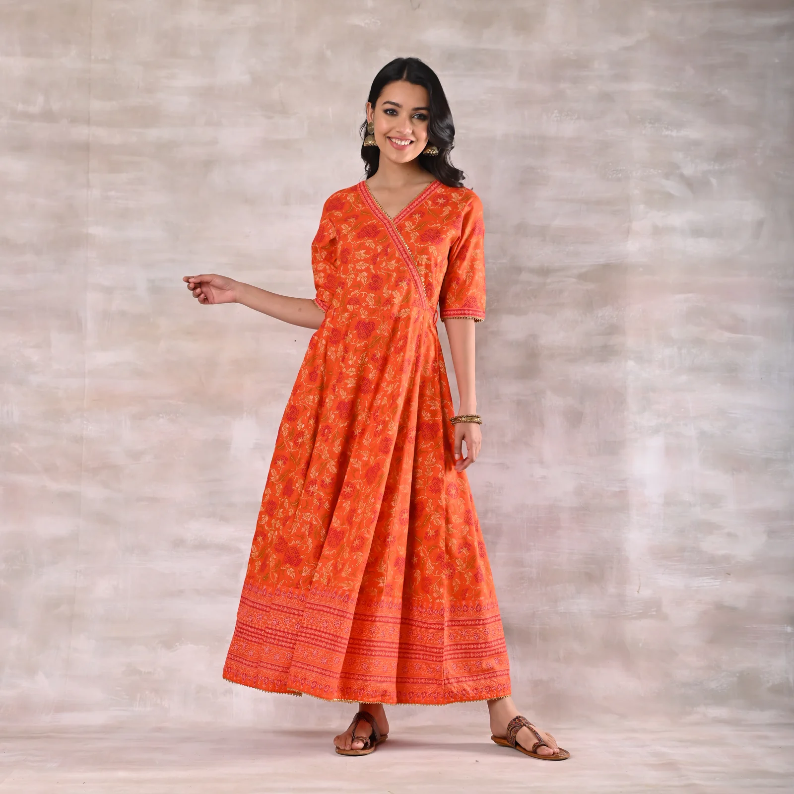 Orange Floral Angrakha Dress - Image 8