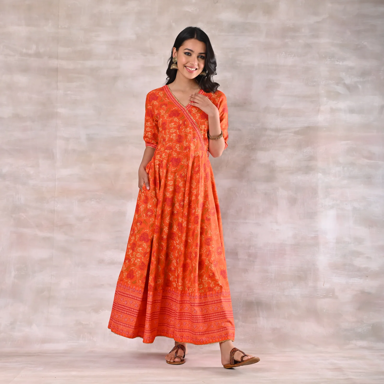 Orange Floral Angrakha Dress - Image 9