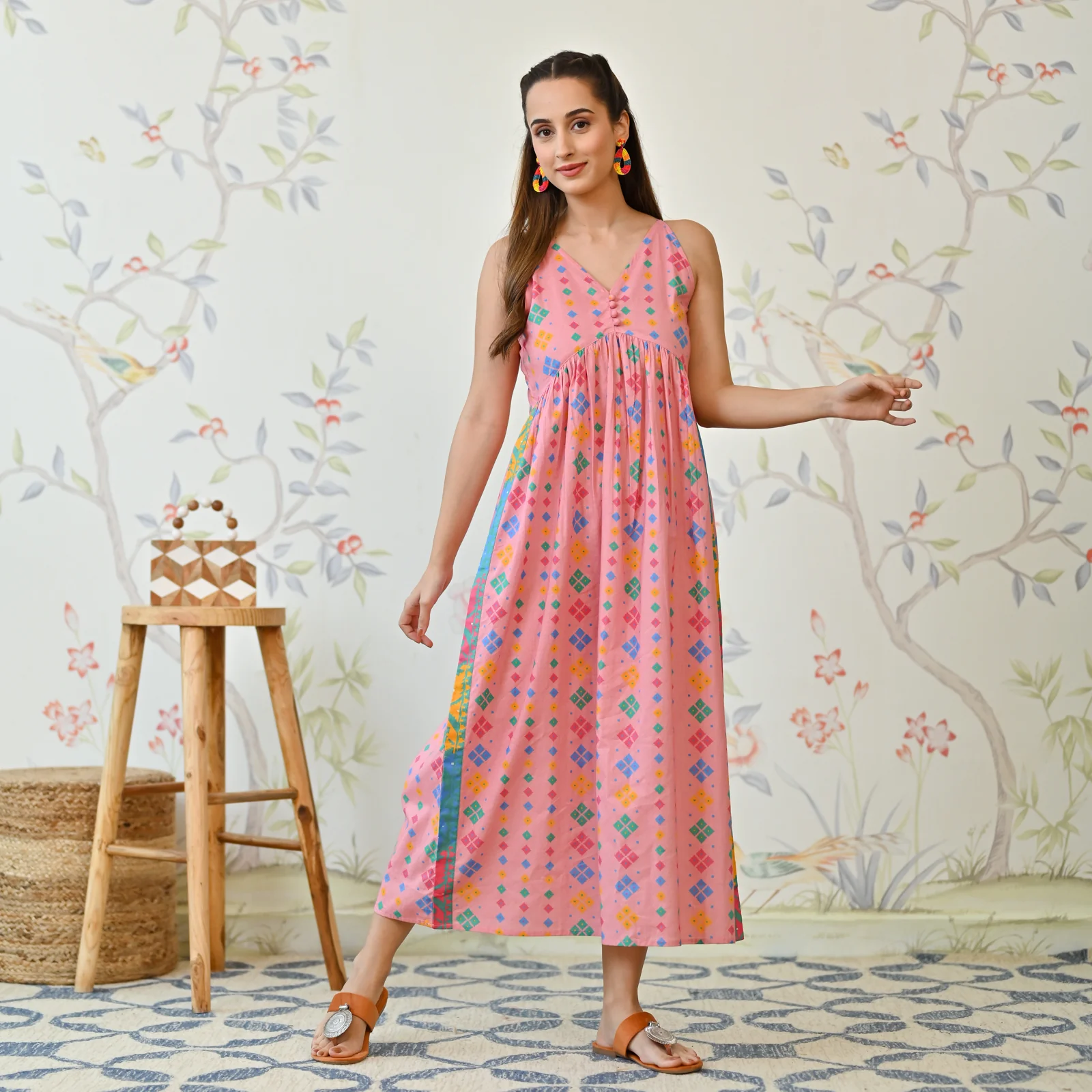 Pale Pink Printed Strappy Shoulder Cotton Maxi Dress