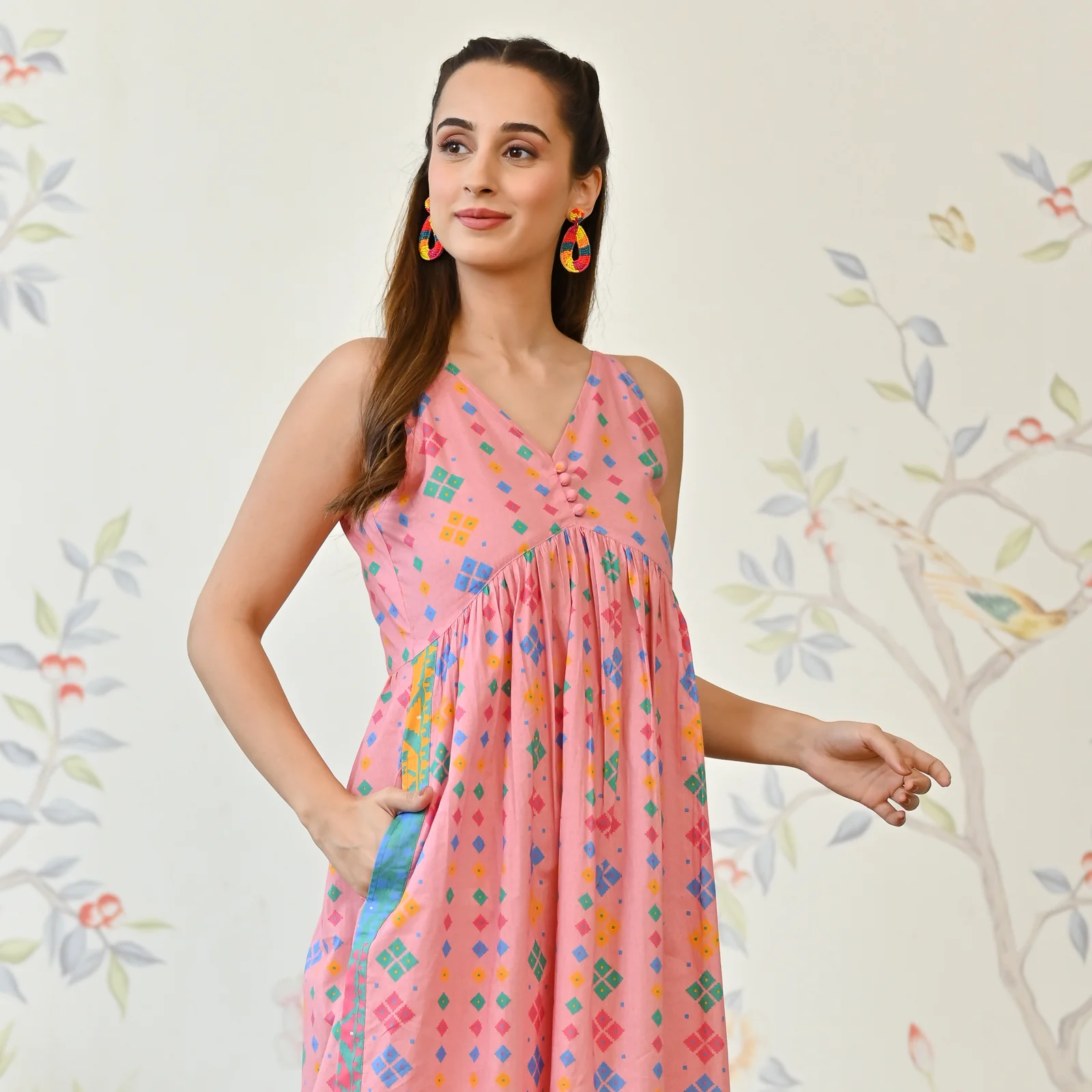 Pale Pink Printed Strappy Shoulder Cotton Maxi Dress - Image 2